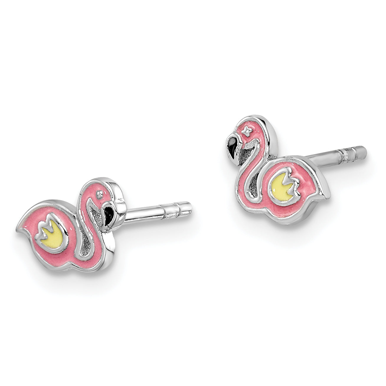 Sterling Silver Rhodium-plated Polished & Multi-color Enameled Flamingo Children's Post Earrings Secondary image