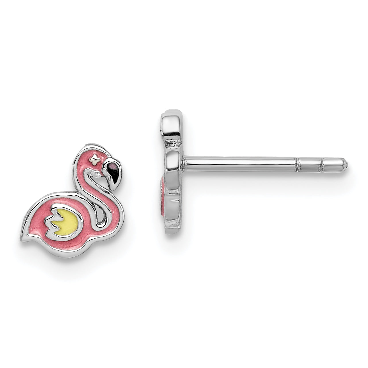 Sterling Silver Rhodium-plated Polished & Multi-color Enameled Flamingo Children's Post Earrings Main image