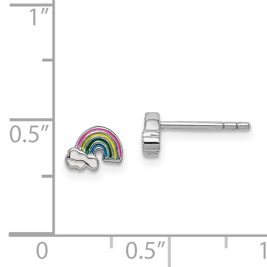 Sterling Silver Rhodium-plated Polished & Multi-color Enameled Rainbow & Clouds Children's Post Earrings