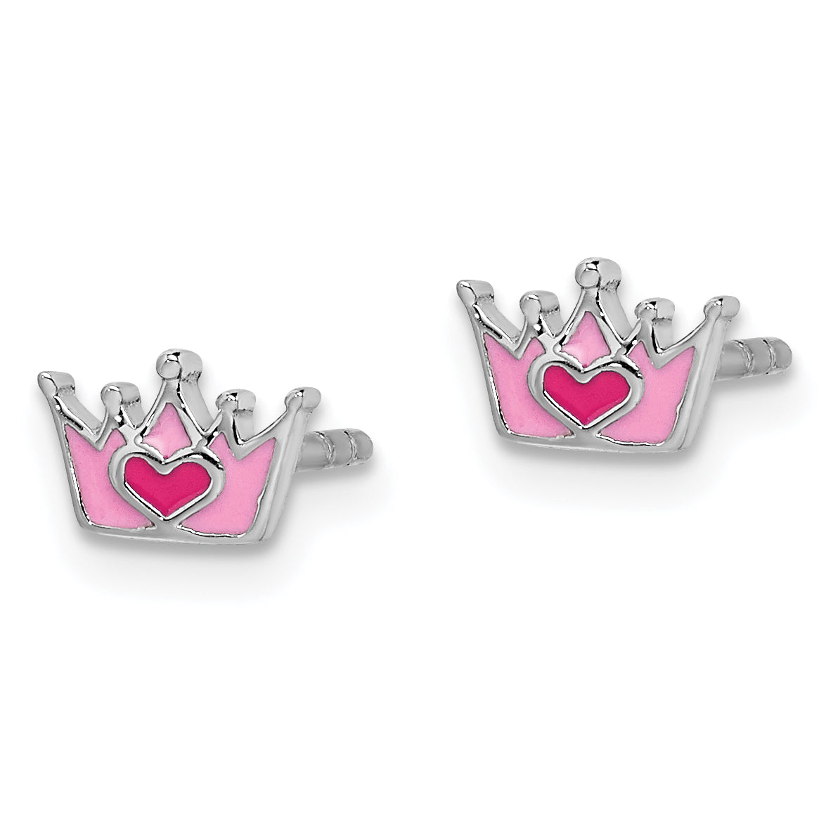 Sterling Silver Rhodium-plated Polished & Pink Enameled Heart Crown Children's Post Earrings Secondary image