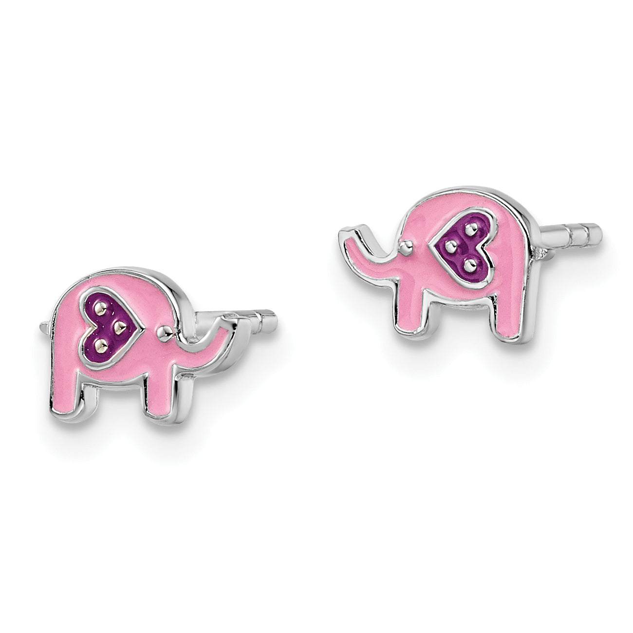 Sterling Silver Rhodium-plated Polished Pink & Purple Enameled Elephant Children's Post Earrings Secondary image