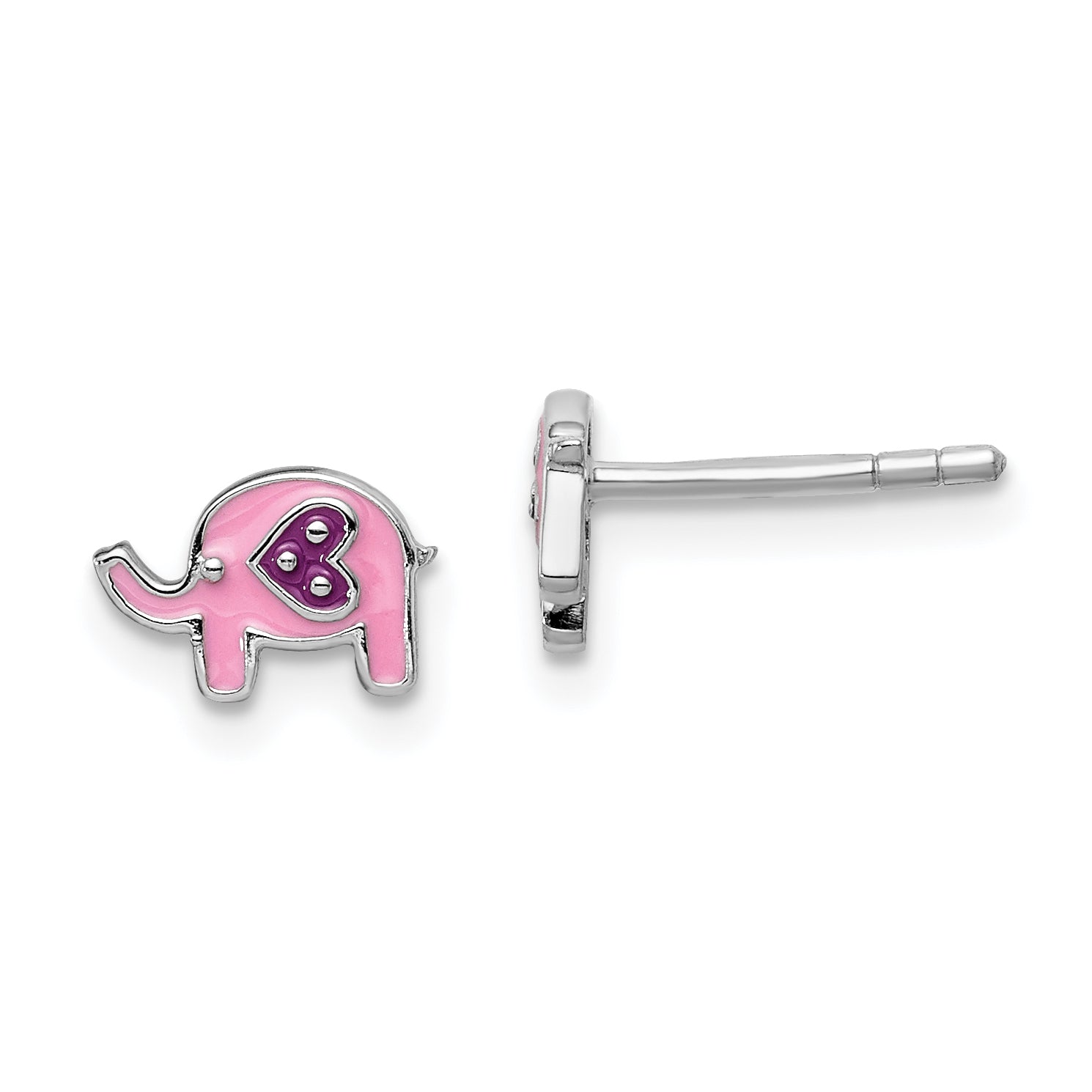 Sterling Silver Rhodium-plated Polished Pink & Purple Enameled Elephant Children's Post Earrings Main image
