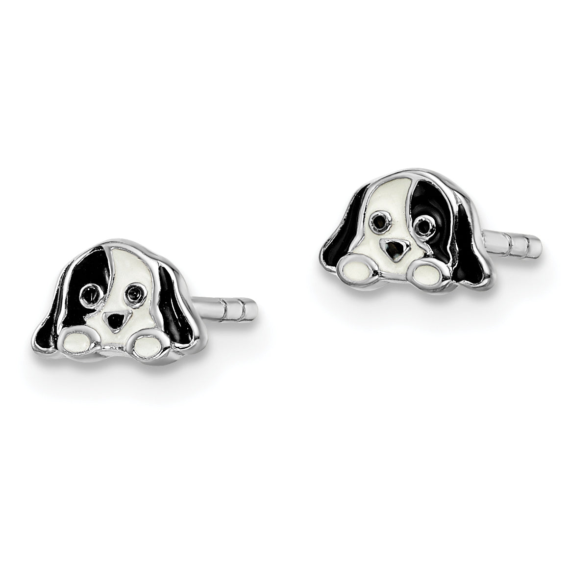 Sterling Silver Rhodium-plated Polished Black & White Enameled Puppy Children's Post Earrings Secondary image