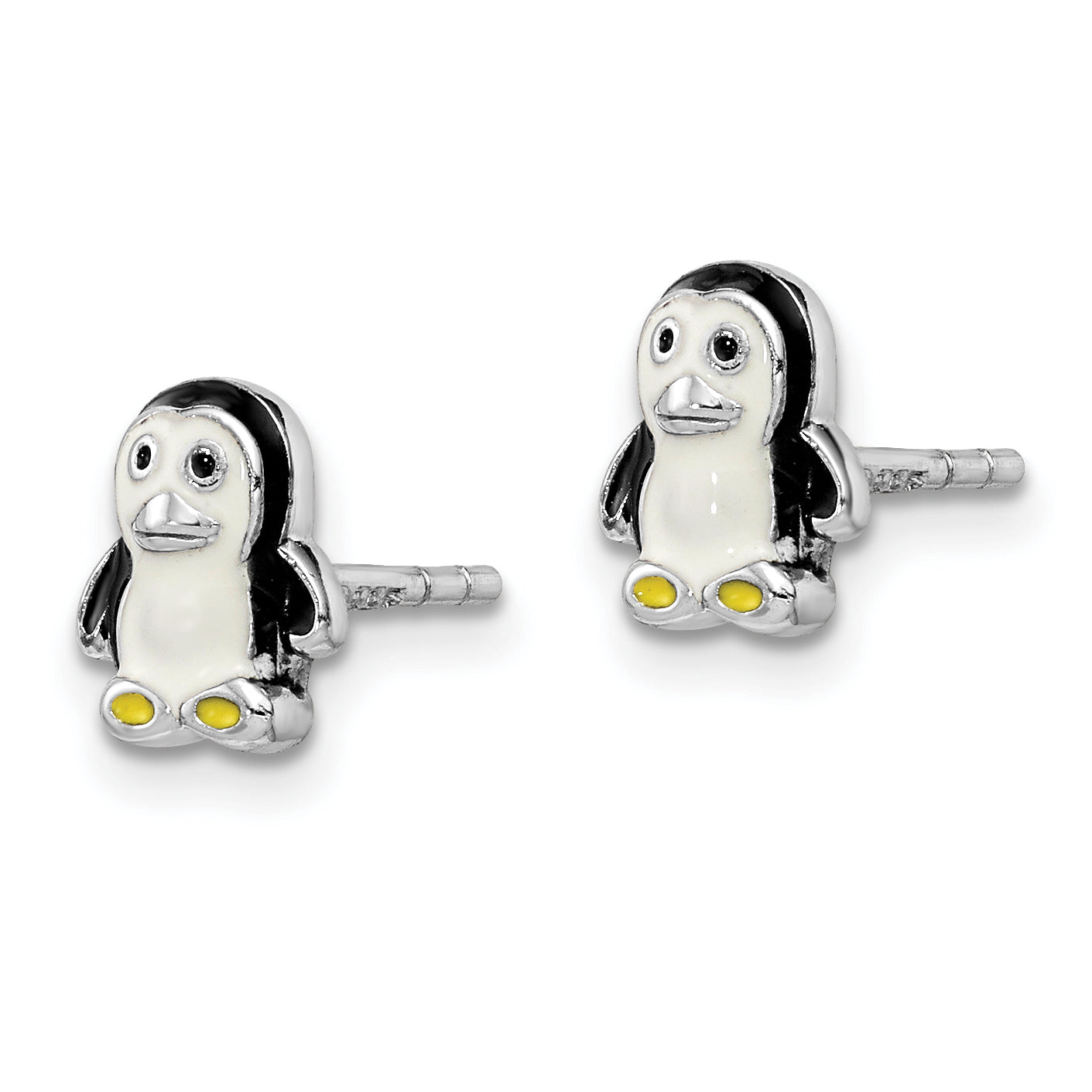 Sterling Silver Rhodium-plated Polished Multi-color Enameled Penguin Children's Post Earrings Secondary image