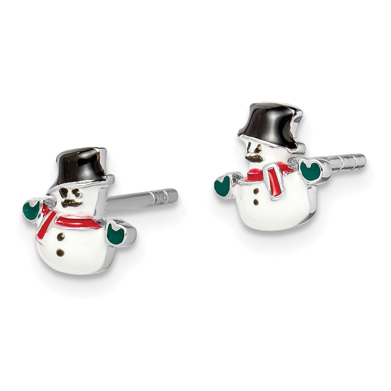 Sterling Silver Rhodium-plated Polished Multi-color Enameled Snowman Children's Post Earrings Secondary image