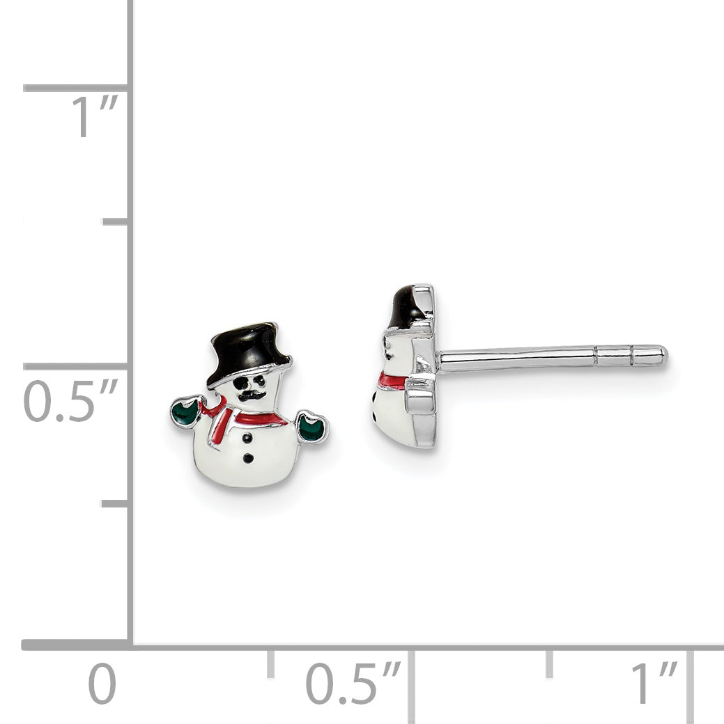 Sterling Silver Rhodium-plated Polished Multi-color Enameled Snowman Children's Post Earrings