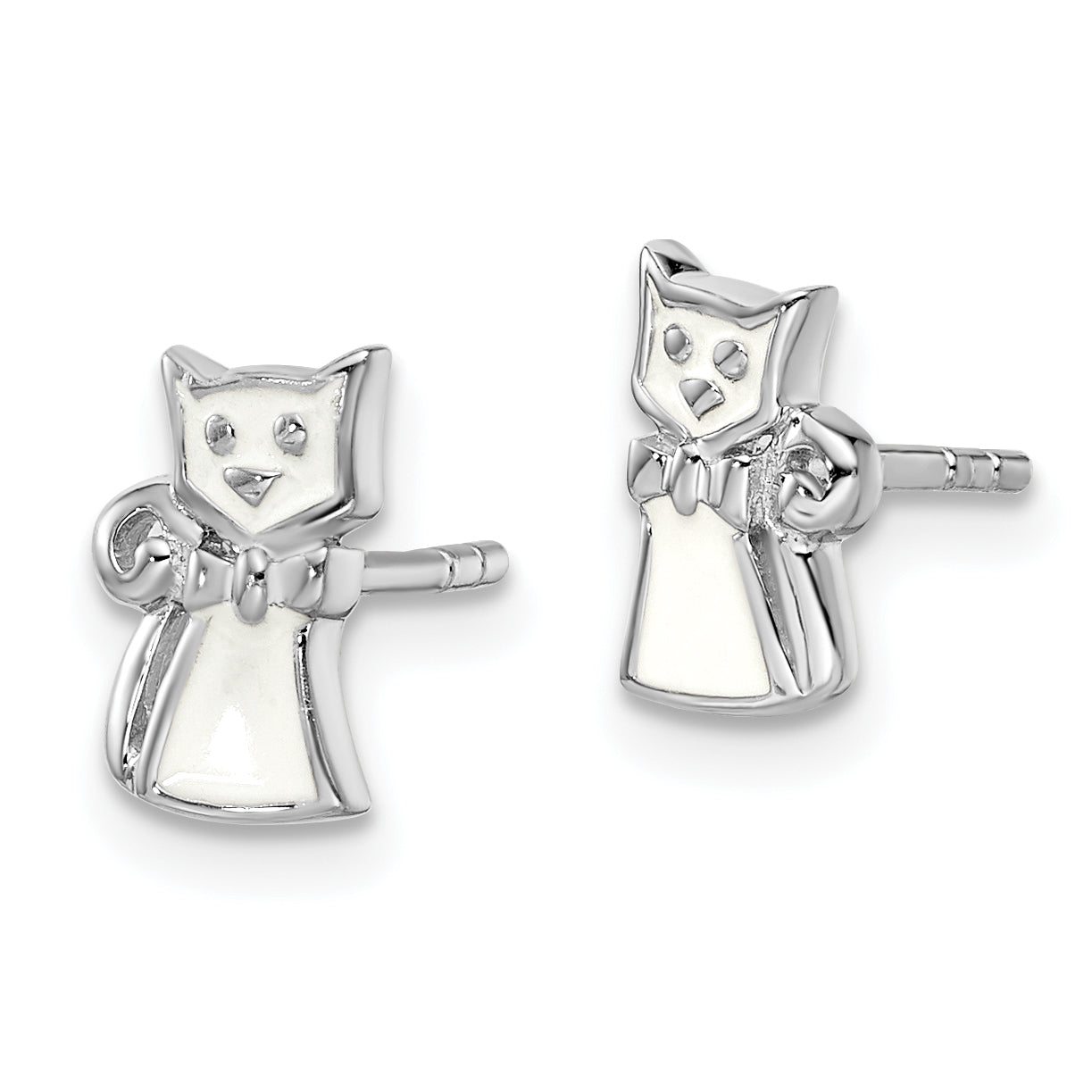 Sterling Silver Rhodium-plated Polished White Enameled Cat Children's Post Earrings Secondary image