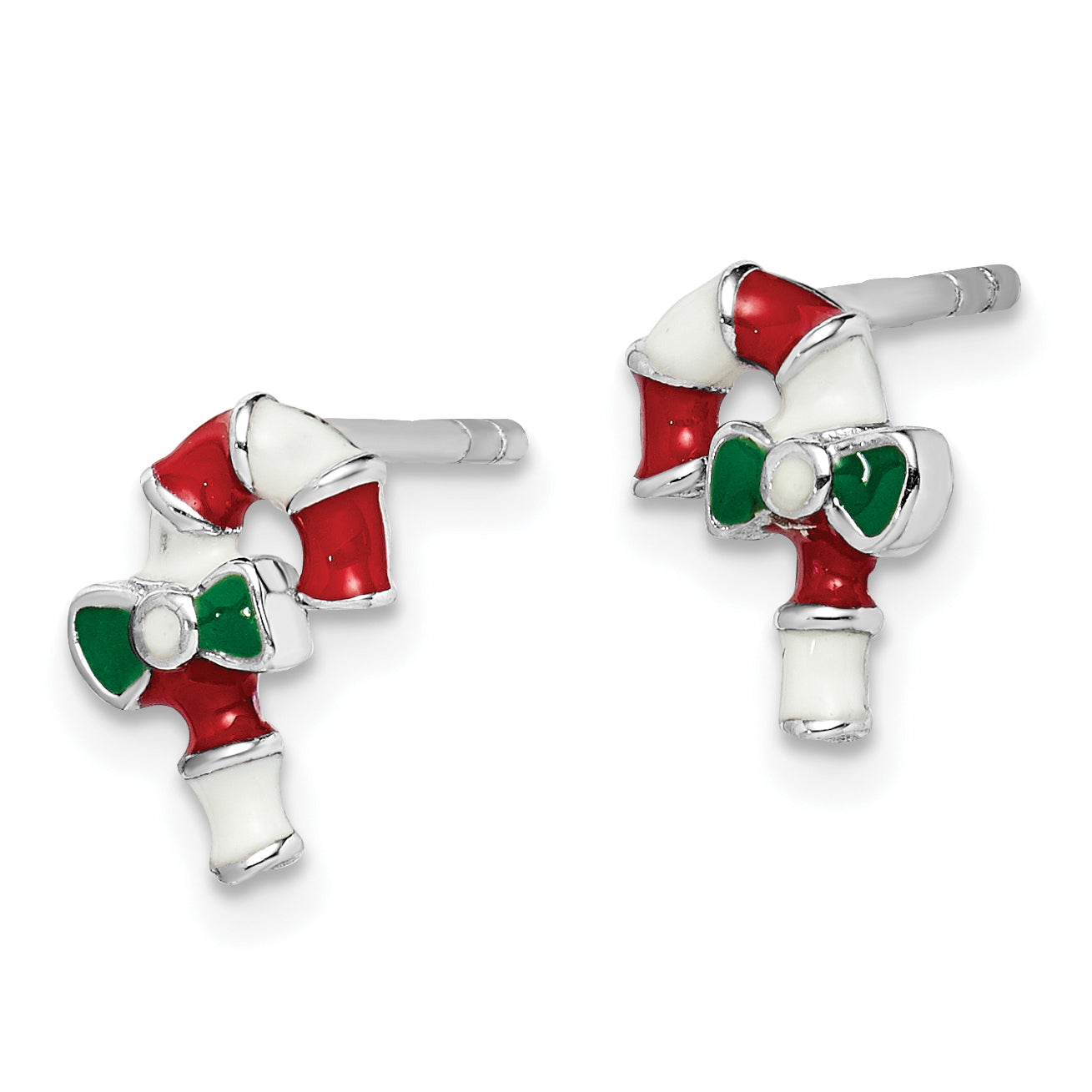 Sterling Silver Rhodium-plated Polished Multi-color Enameled Candy Cane Children's Post Earrings Secondary image