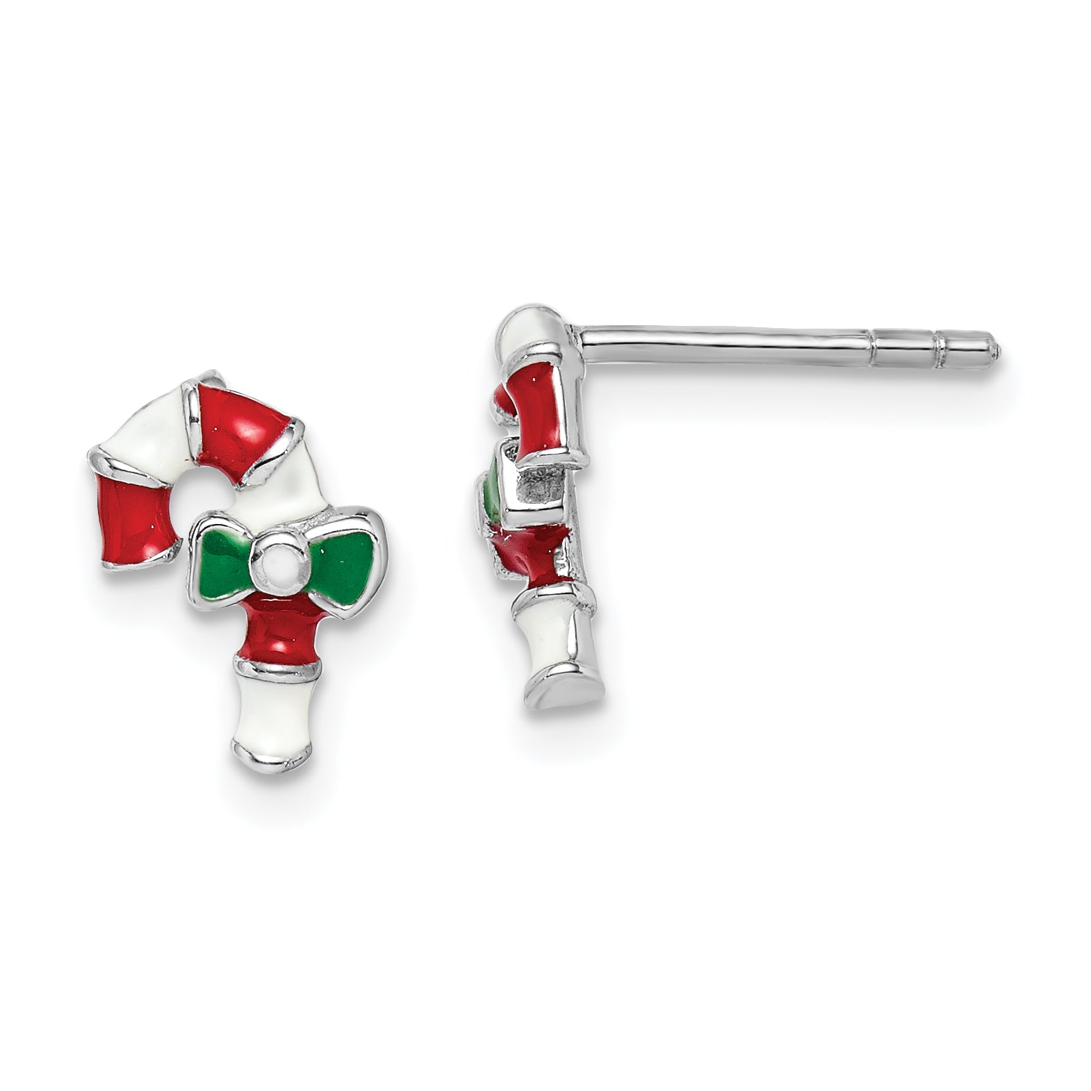Sterling Silver Rhodium-plated Polished Multi-color Enameled Candy Cane Children's Post Earrings Main image