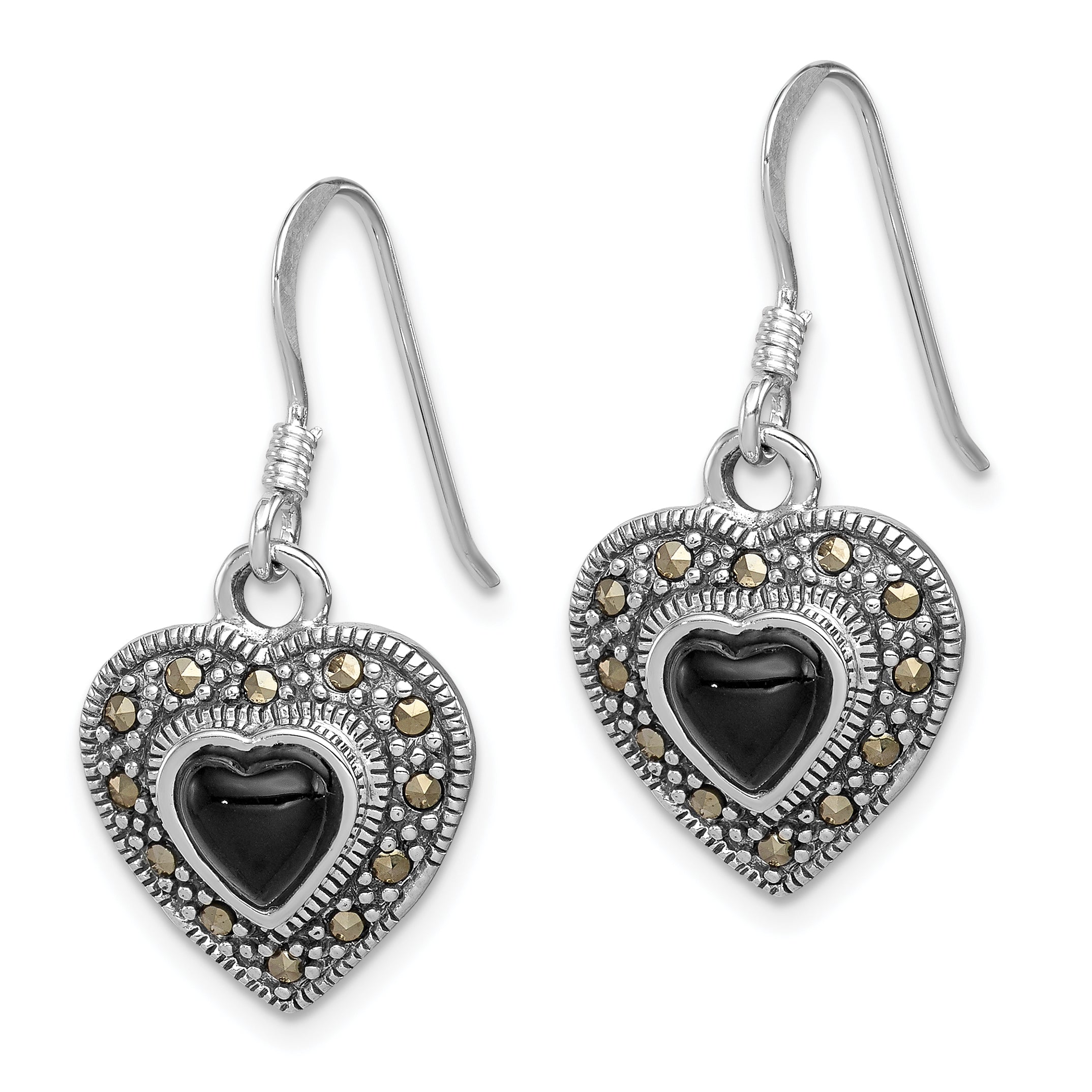 Sterling Silver RH-plated Antiqued Onyx & Marcasite Heart Dangle Earrings Secondary image