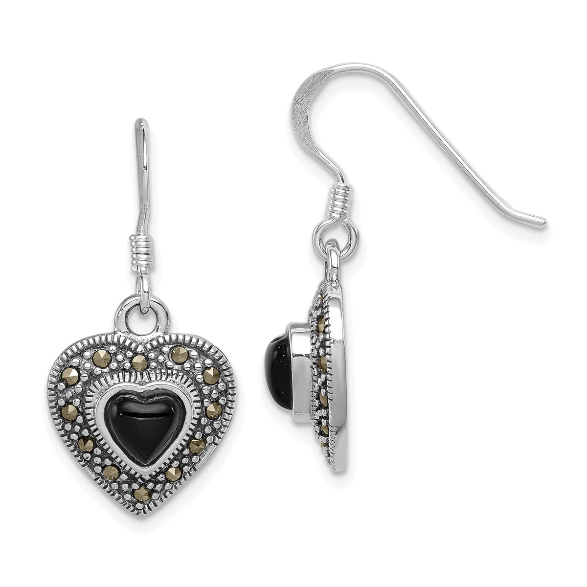Onyx & Marcasite Heart Dangle Earrings in Sterling Silver, 5.5mm - Sophia Jewelers Main image