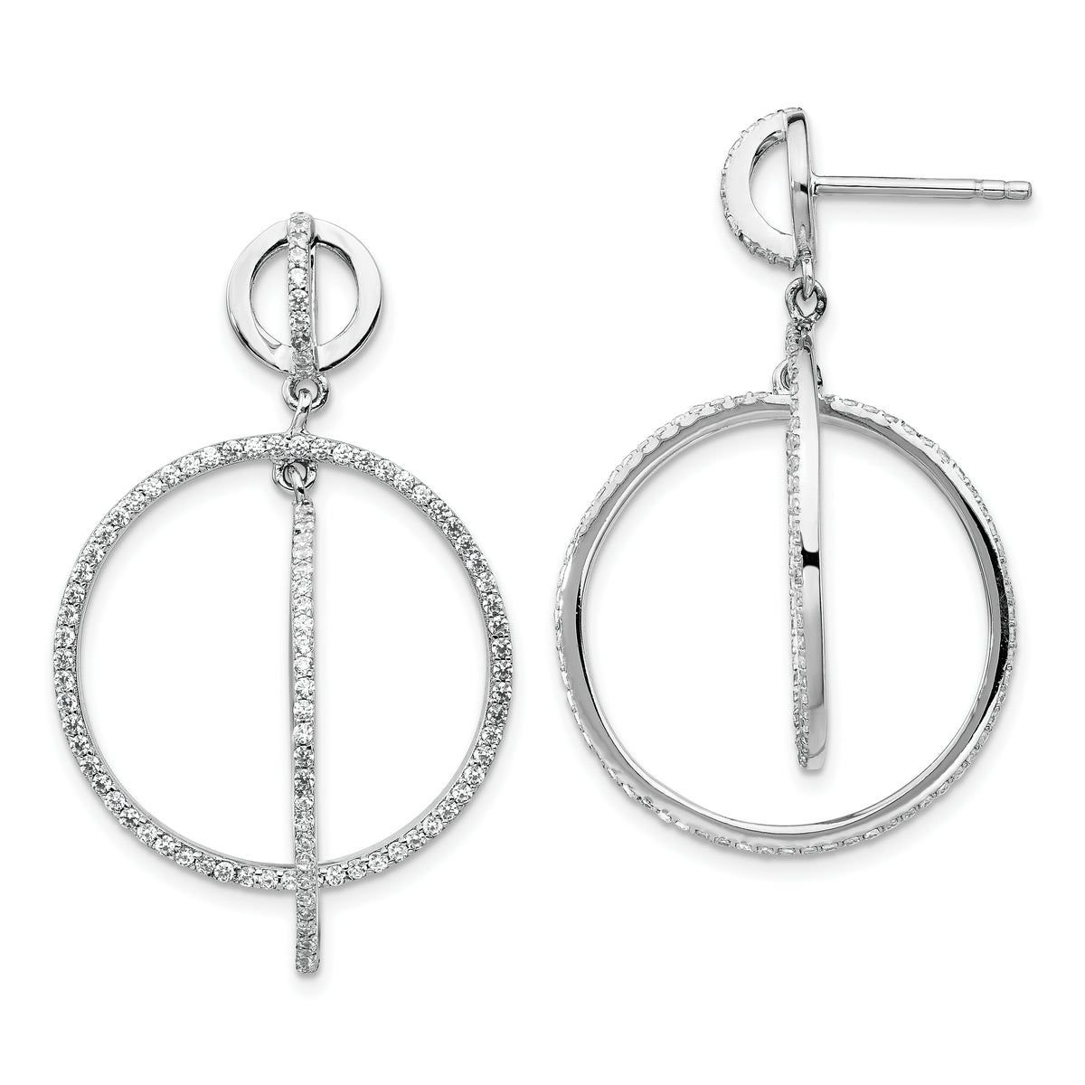 Sterling Silver Rhodium-plated CZ Circles Dangle Post Earrings