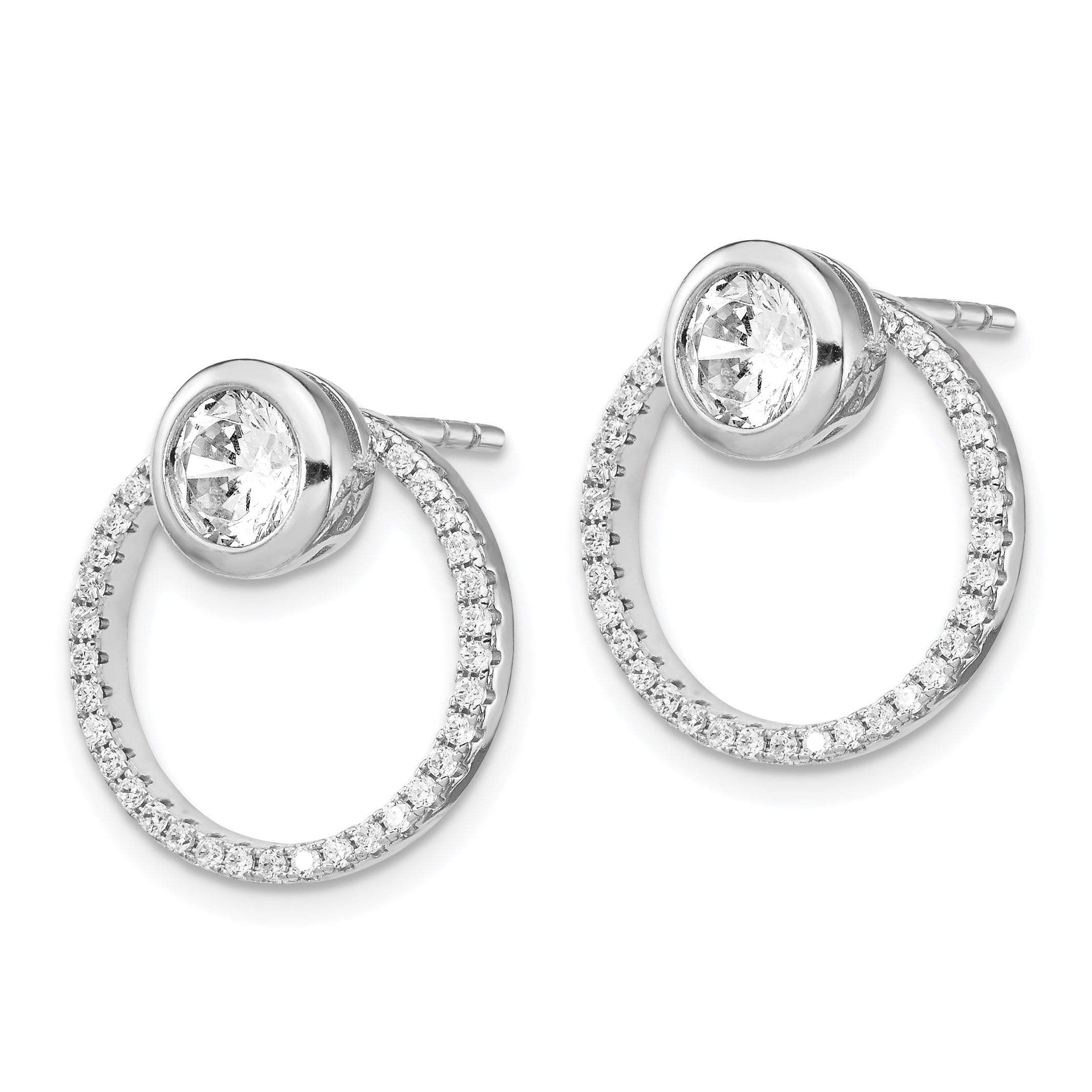 Sterling Silver RH-plated CZ Circle Dangle Jackets with CZ Post Earrings