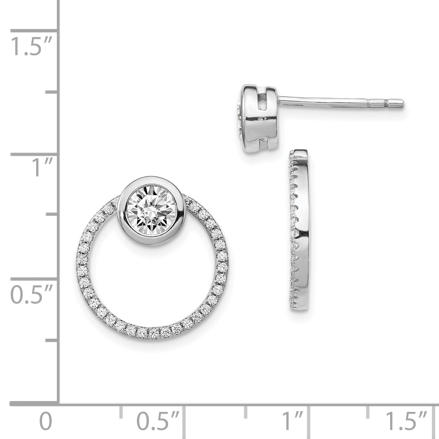Sterling Silver RH-plated CZ Circle Dangle Jackets with CZ Post Earrings