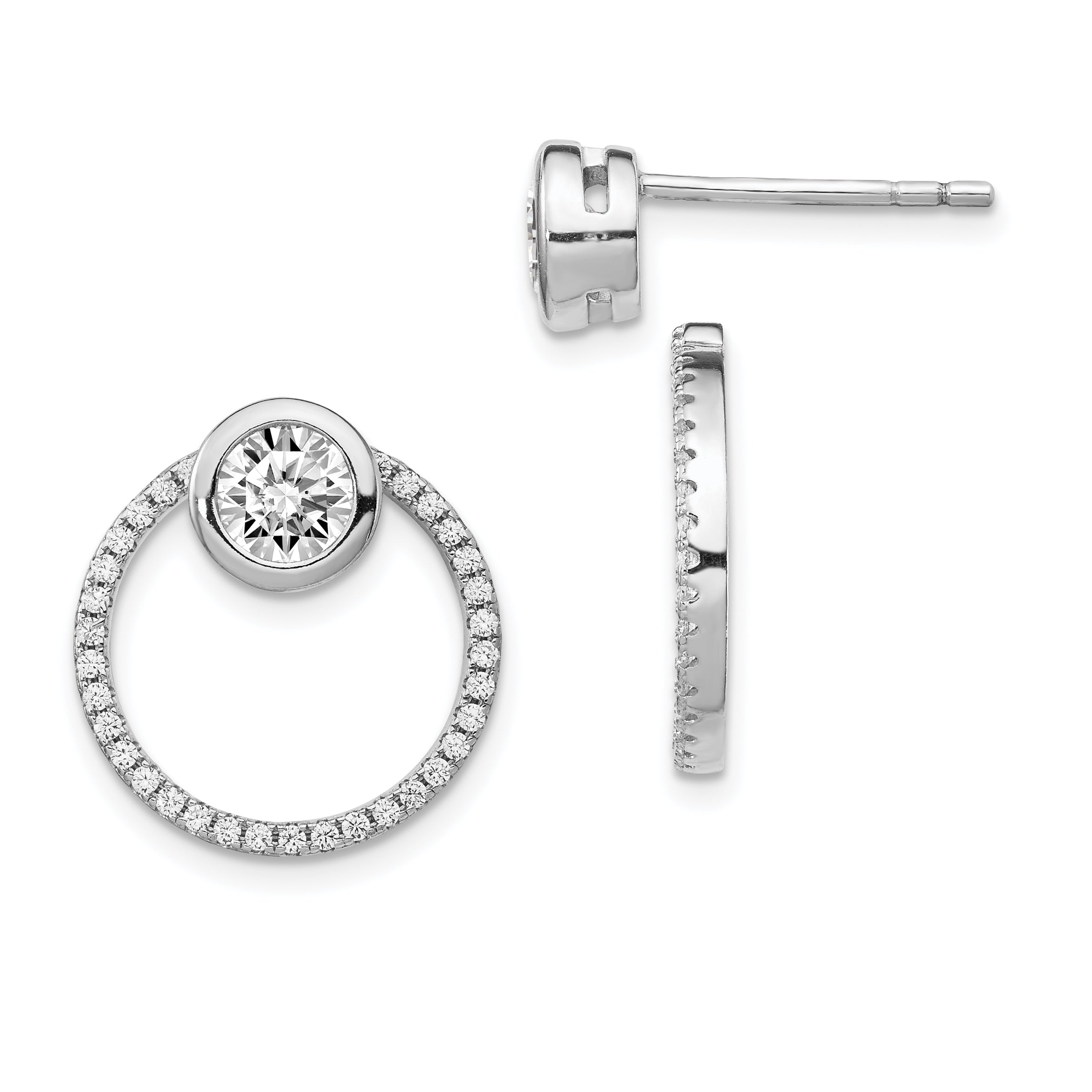 Sterling Silver RH-plated CZ Circle Dangle Jackets with CZ Post Earrings