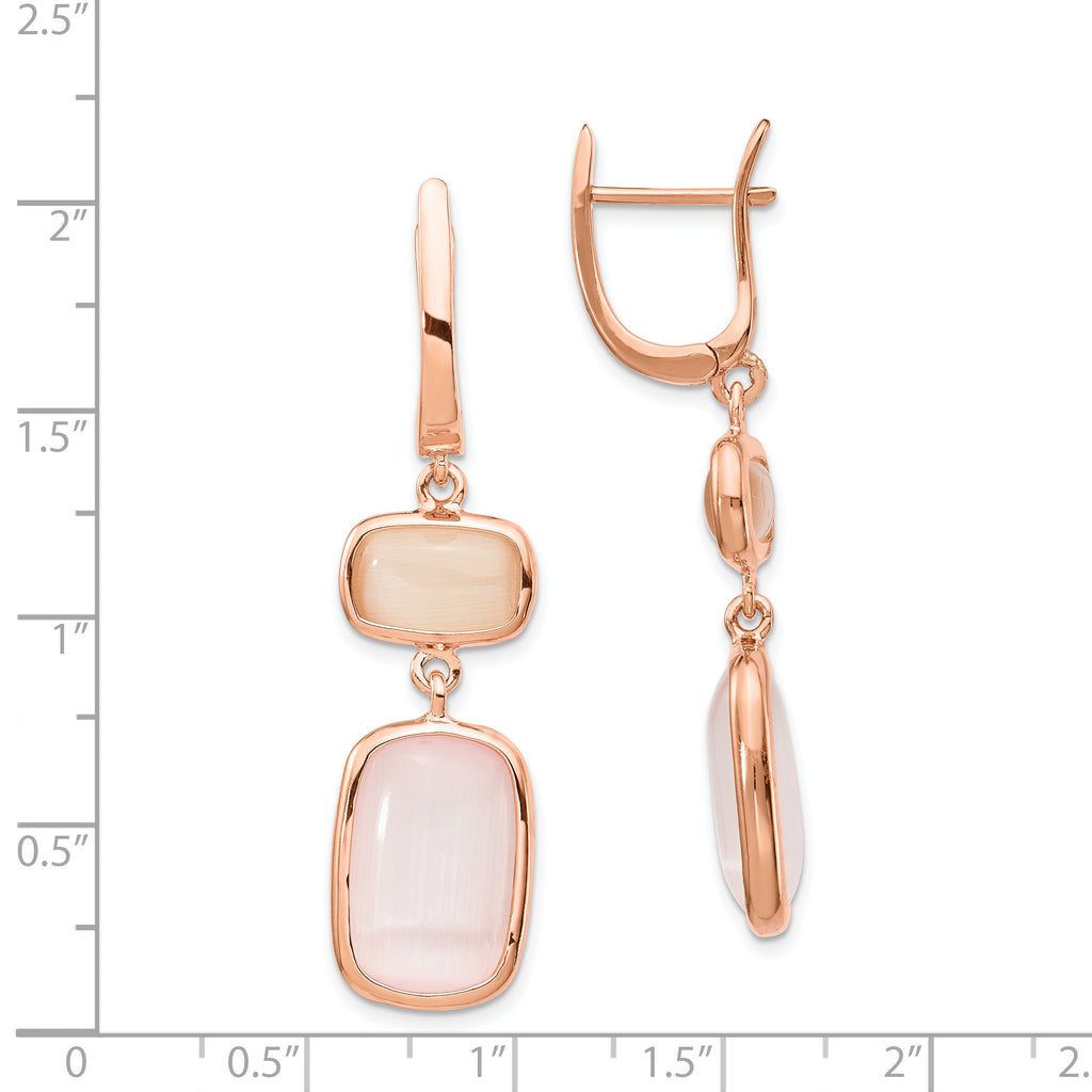 Sterling Silver Rose-tone Created Pink Cats Eye Dangle Earrings