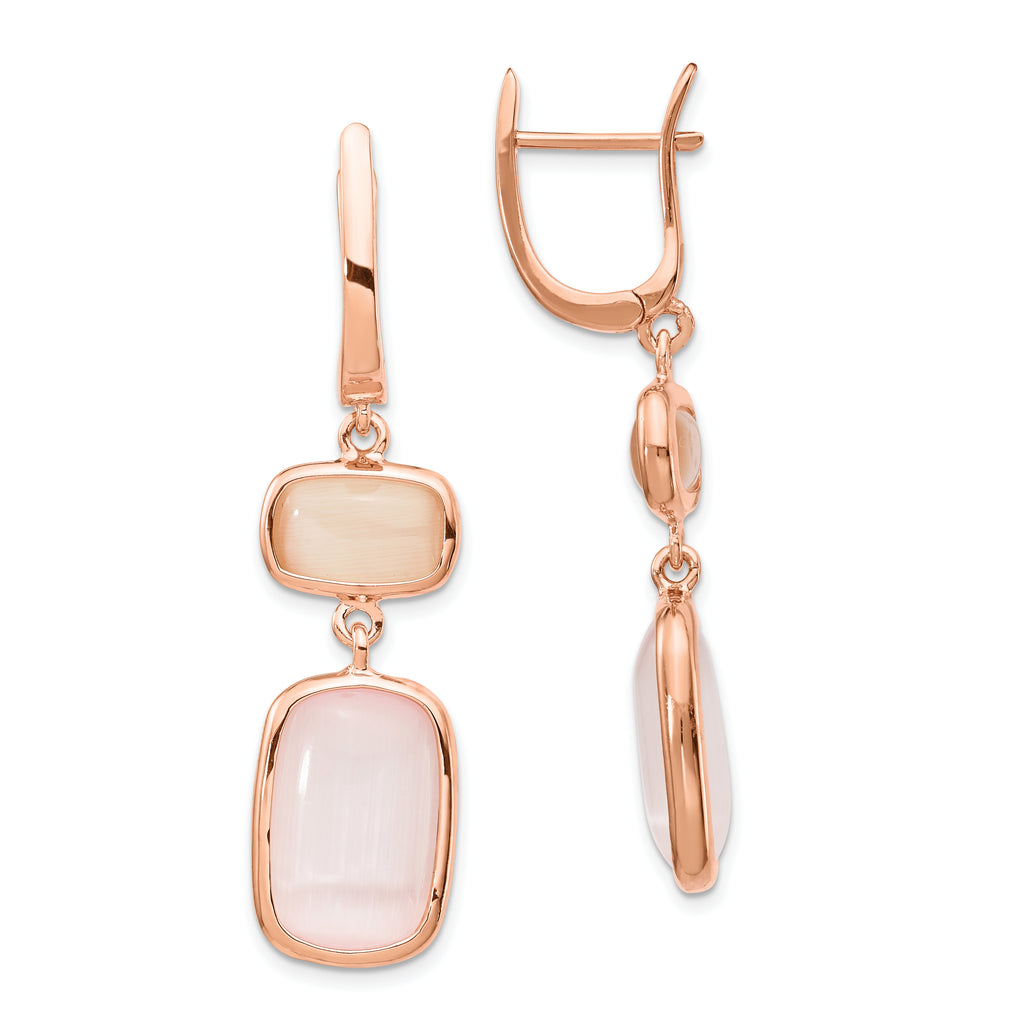 Sterling Silver Rose-tone Created Pink Cats Eye Dangle Earrings