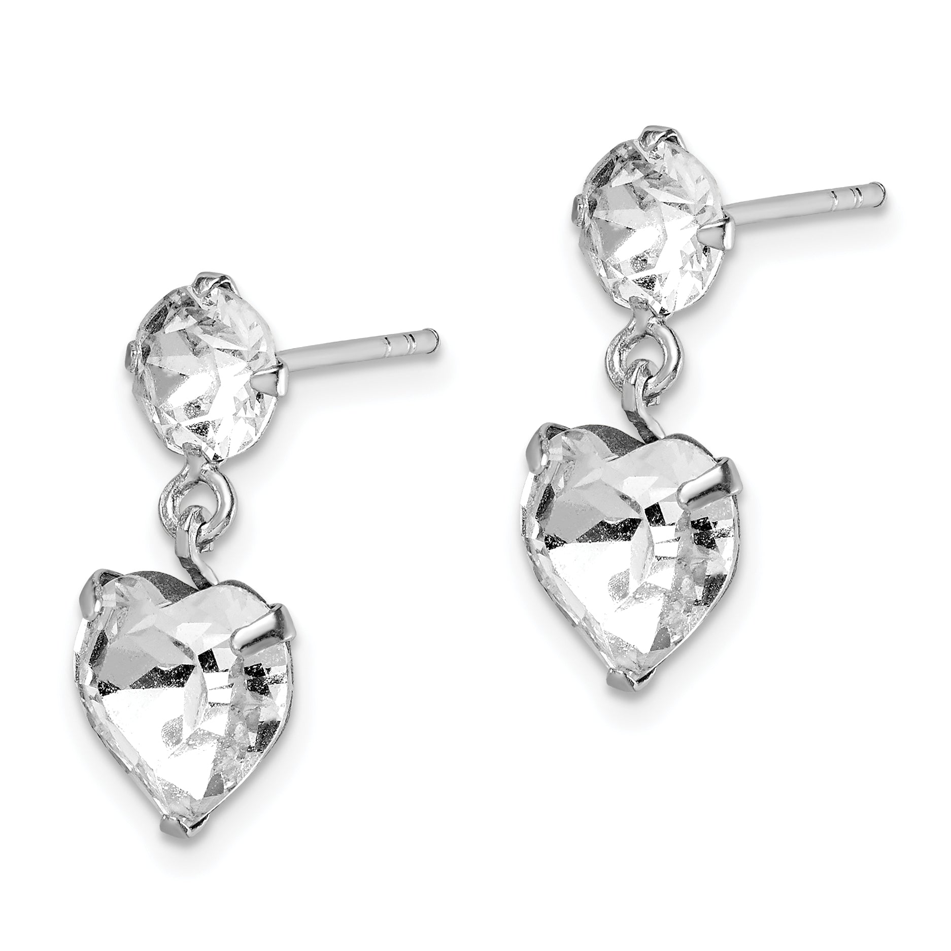 Sterling Silver RH-plated Crystal Heart Dangle Post Earrings