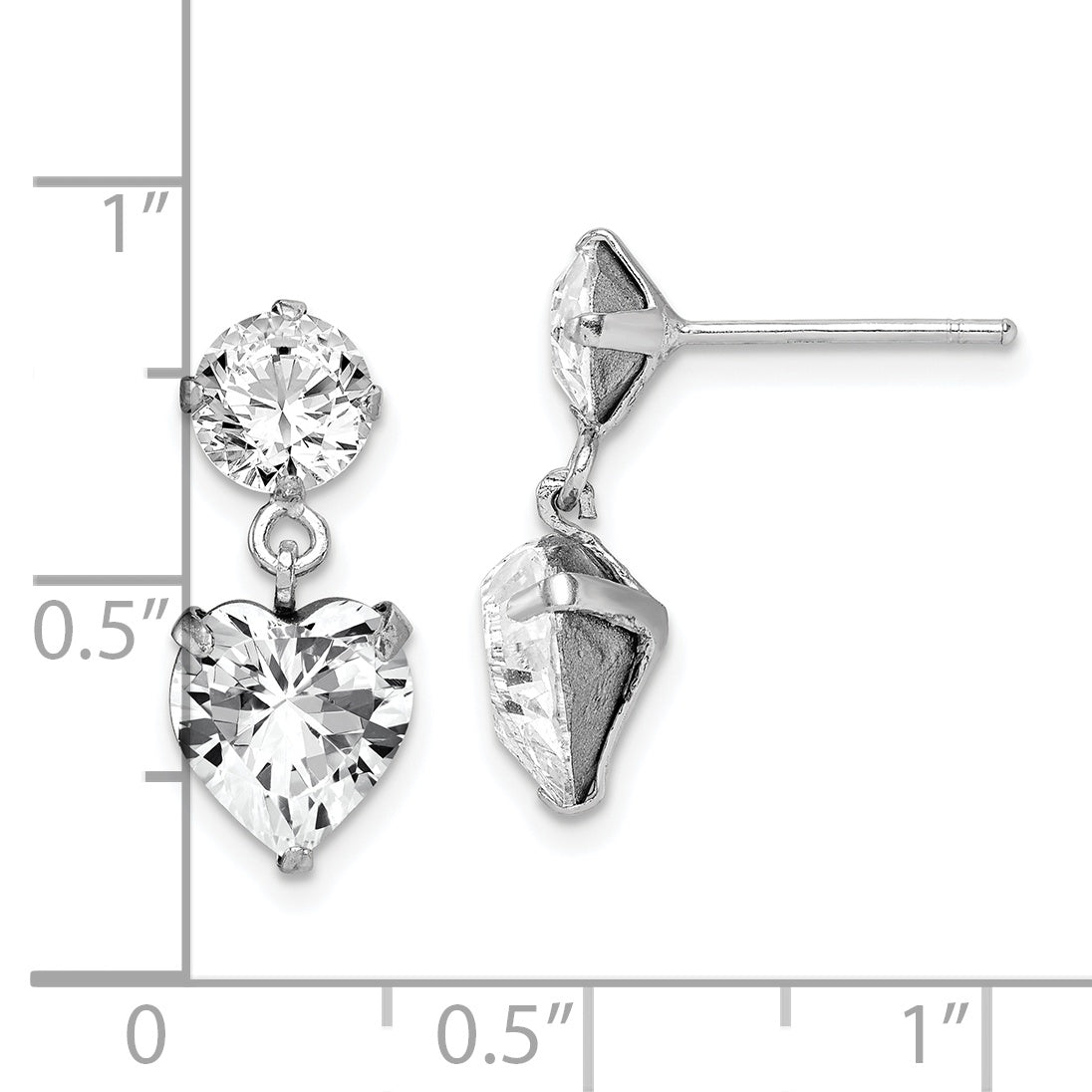 Sterling Silver RH-plated Crystal Heart Dangle Post Earrings