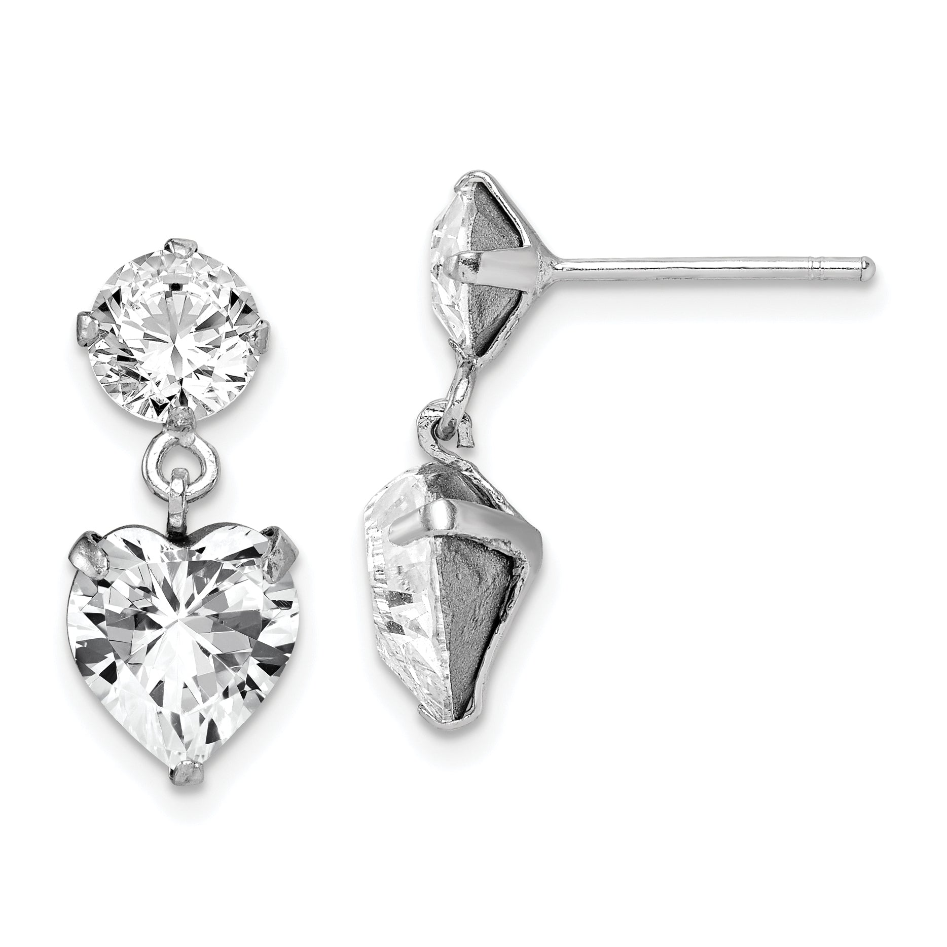 Sterling Silver RH-plated Crystal Heart Dangle Post Earrings