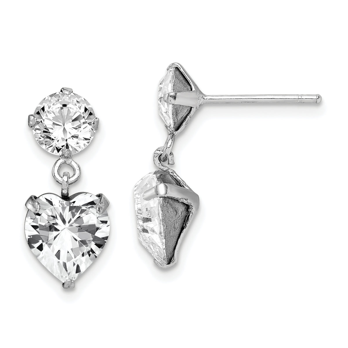 Sterling Silver RH-plated Crystal Heart Dangle Post Earrings
