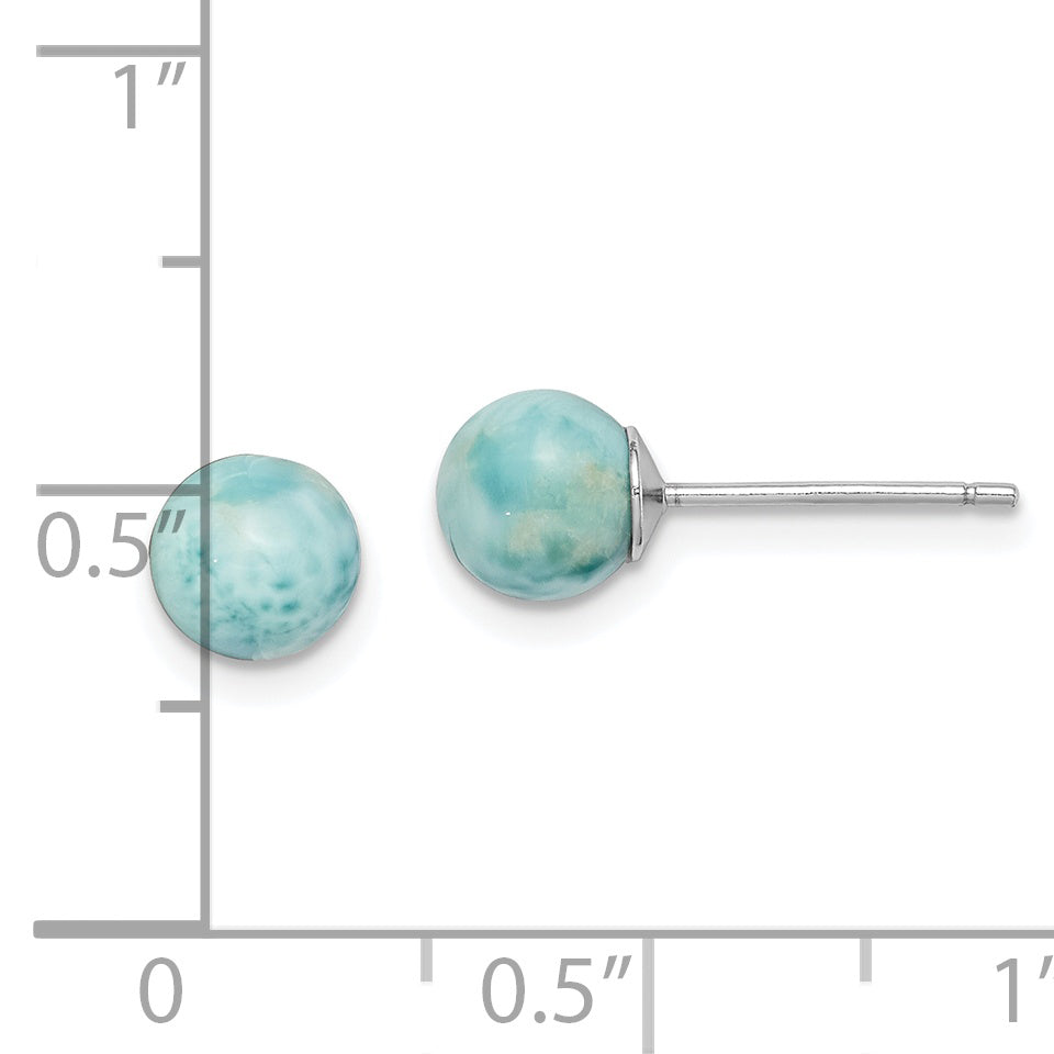 Sterling Silver Rhodium-plated Polished 6mm Round Larimar Post Earrings