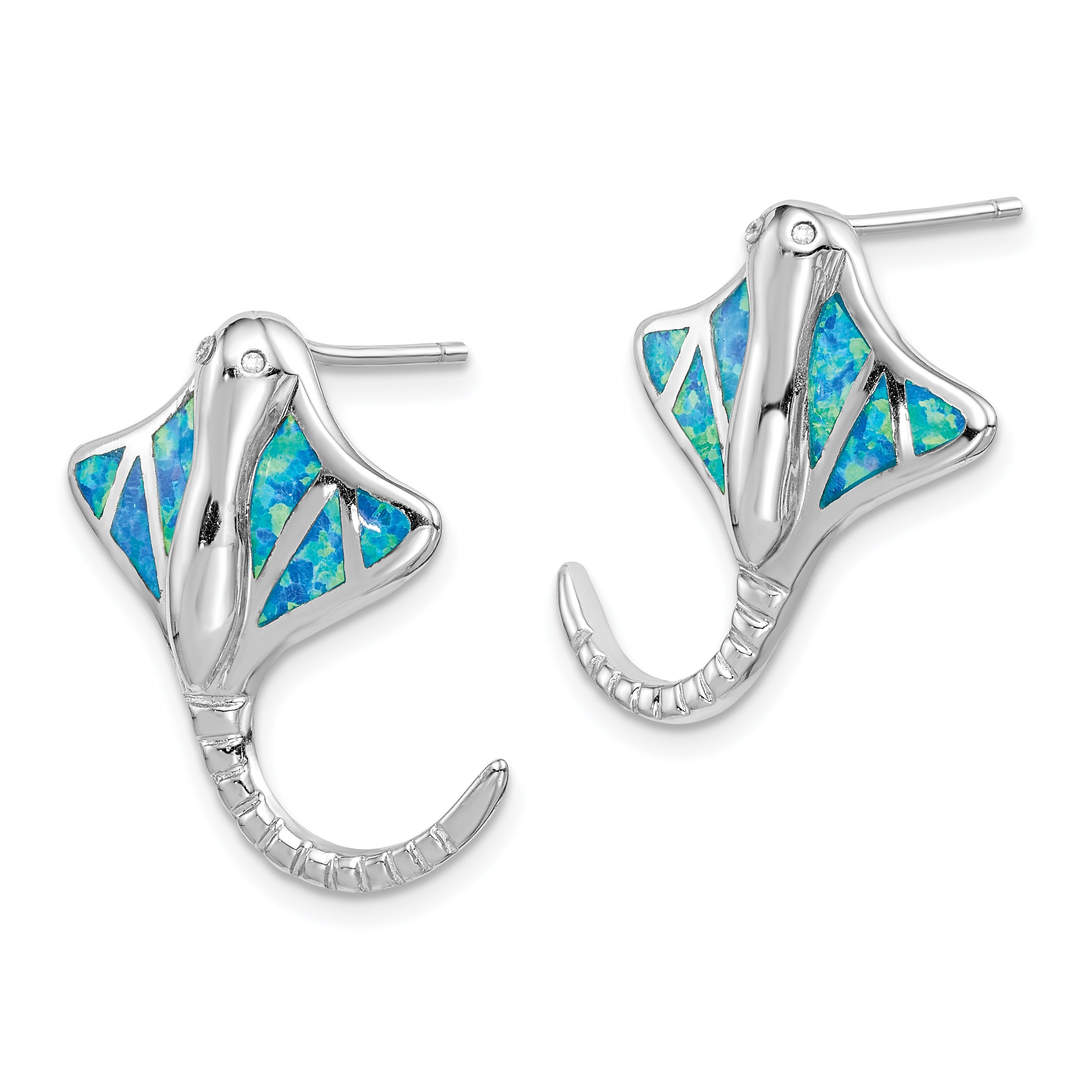 Sterling Silver Rhodium-plated Created Blue Opal Stingray Post Earrings Secondary image