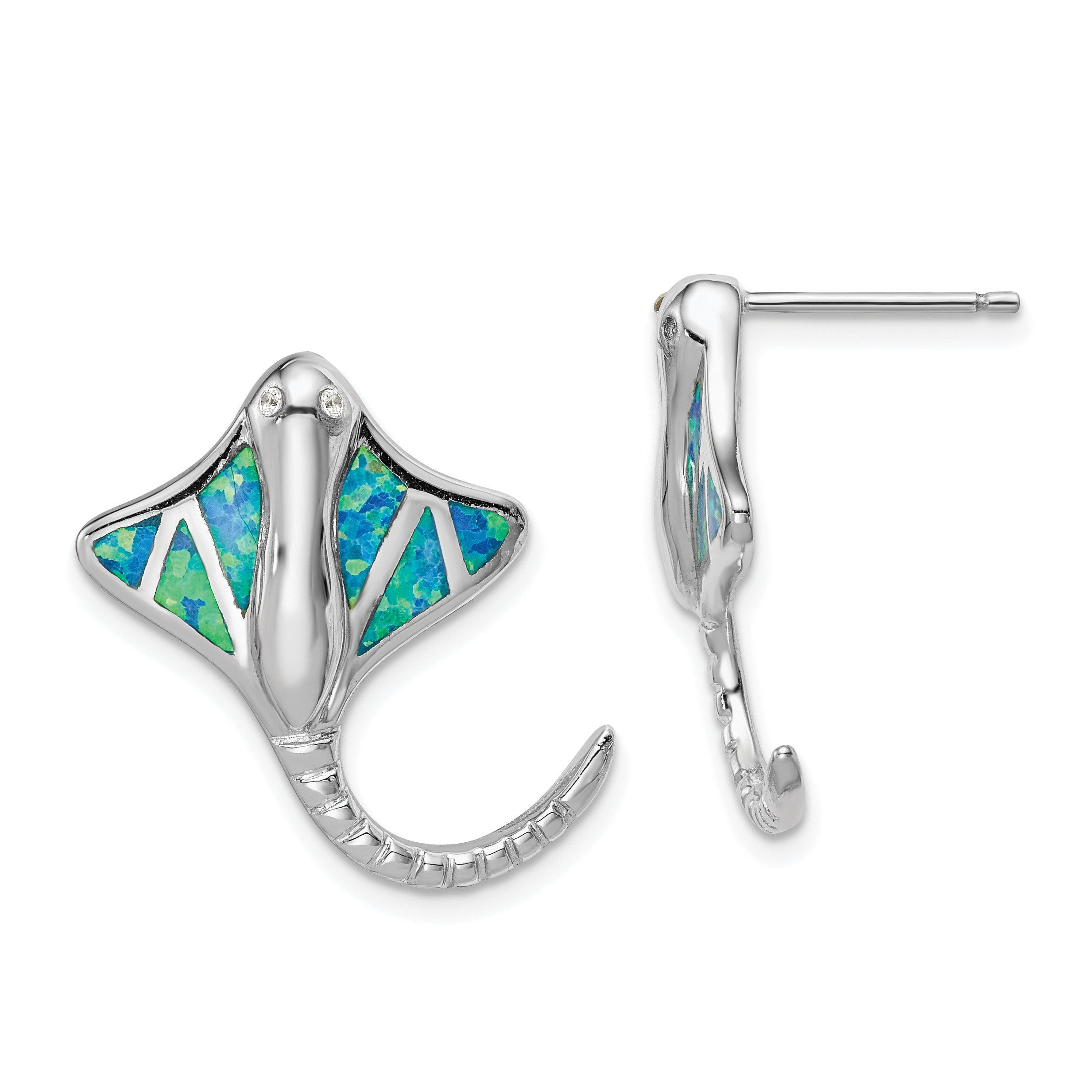Sterling Silver Rhodium-plated Created Blue Opal Stingray Post Earrings Main image