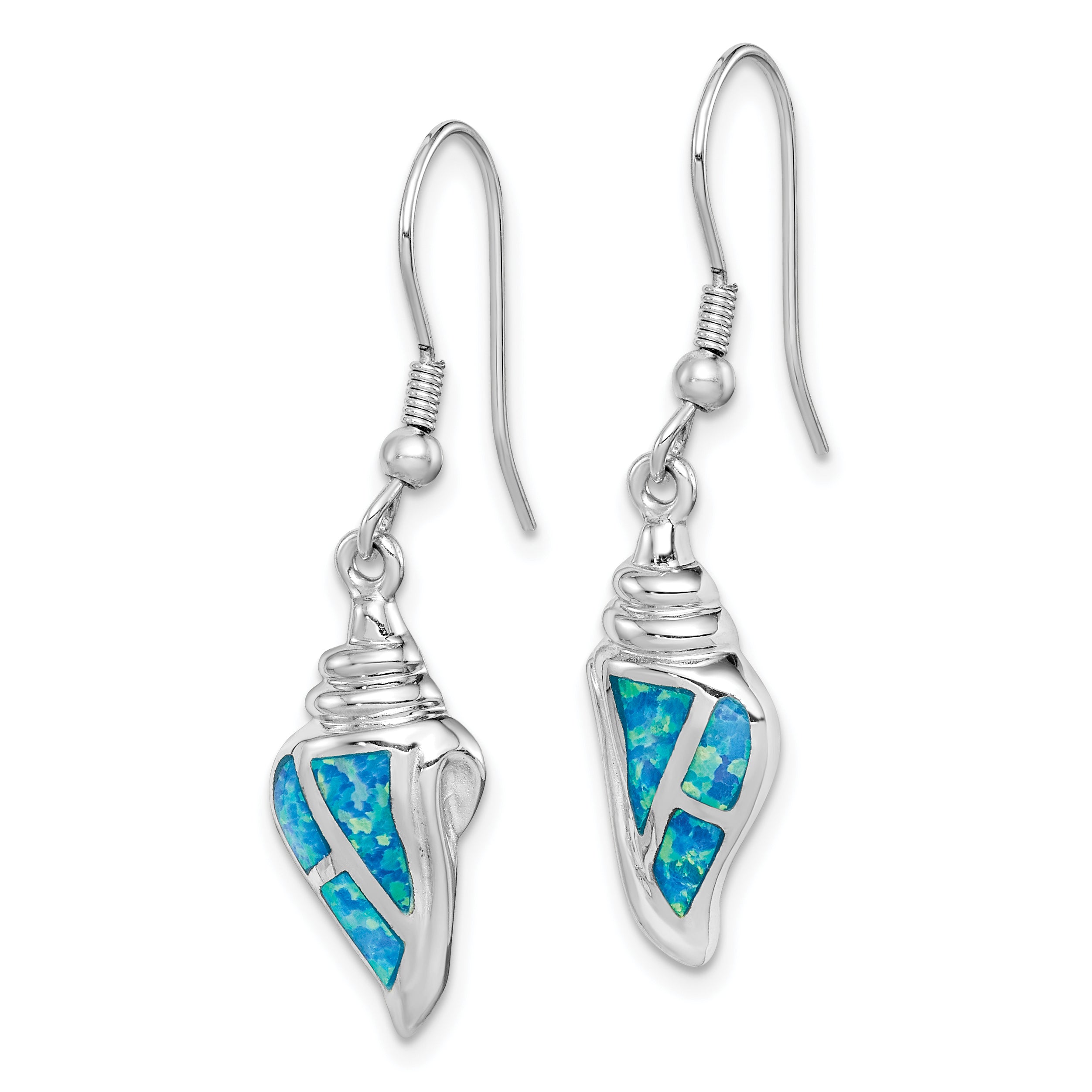 Sterling Silver Rhodium-plated Created Blue Opal Seashell Dangle Earrings Secondary image