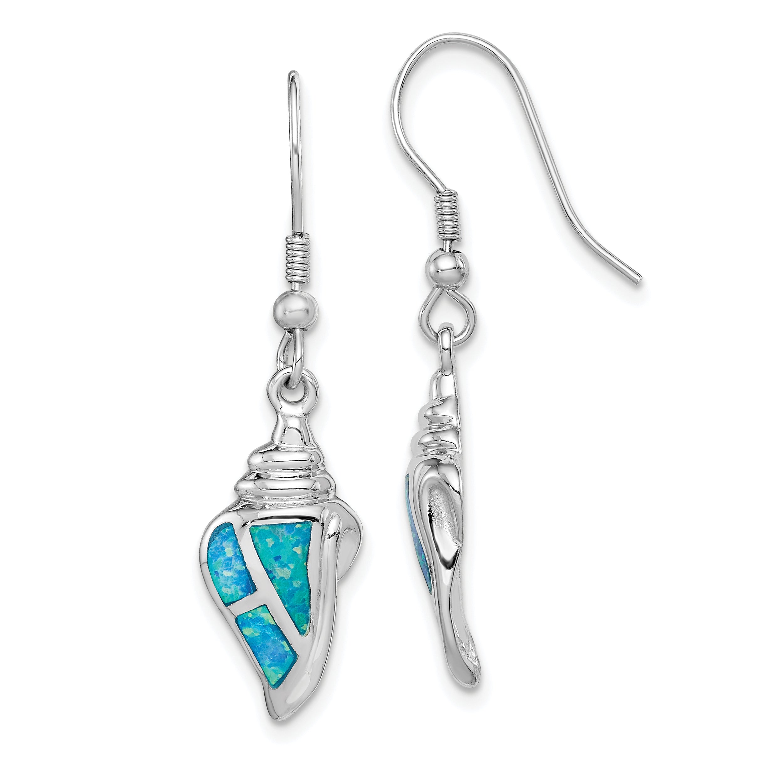 Sterling Silver Rhodium-plated Created Blue Opal Seashell Dangle Earrings Main image