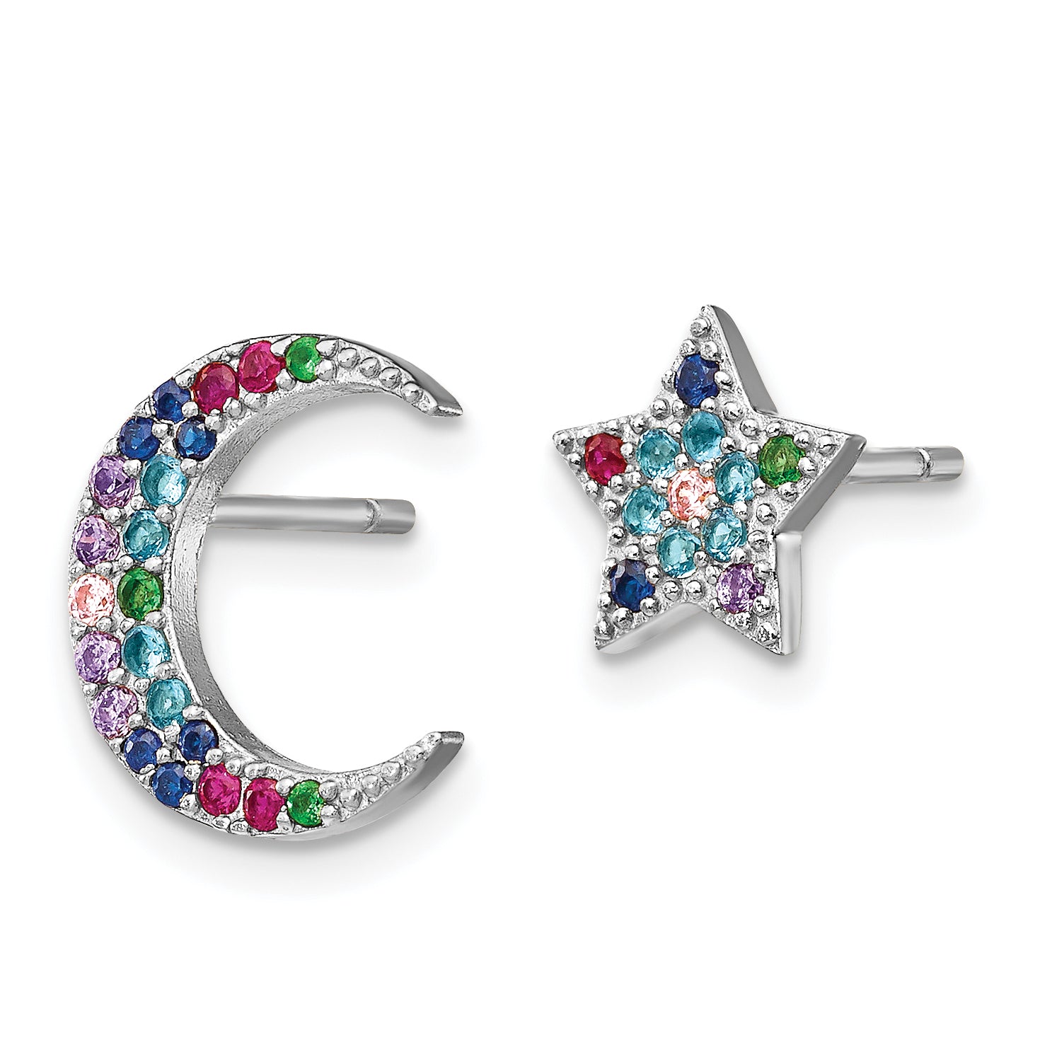 Prizma Sterling Silver Rhodium-plated Moon and Star Colorful CZ Post Earrings