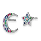 Prizma Sterling Silver Rhodium-plated Moon and Star Colorful CZ Post Earrings