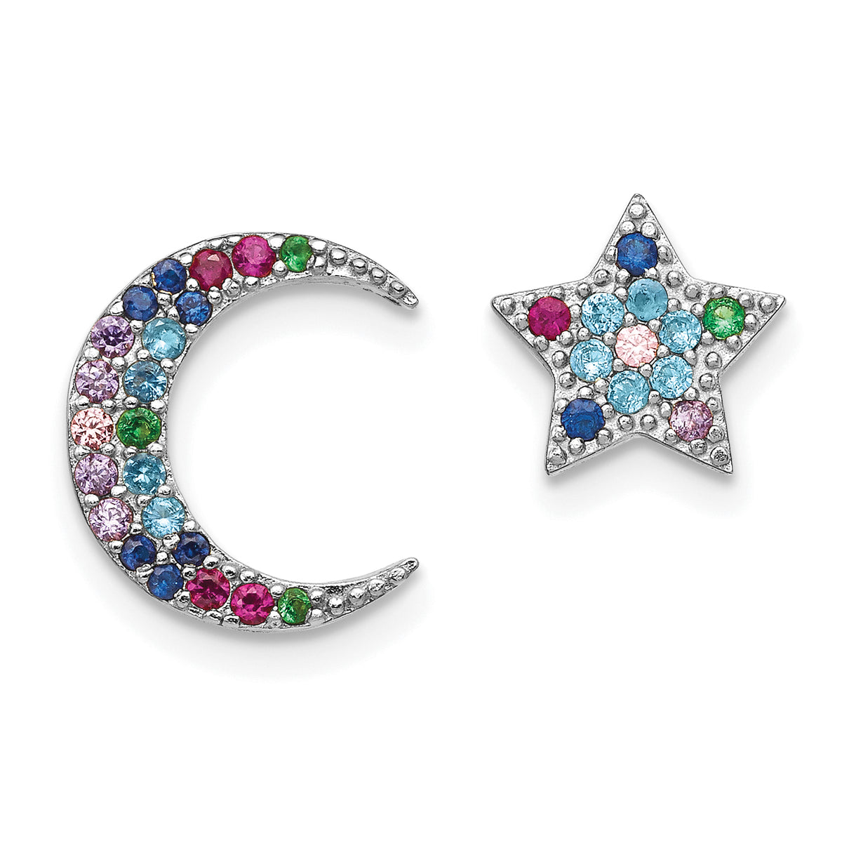 Prizma Sterling Silver Rhodium-plated Moon and Star Colorful CZ Post Earrings