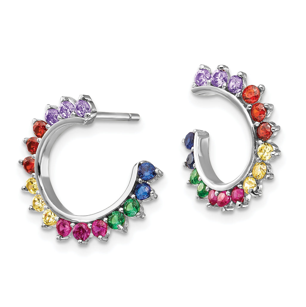 Prizma Sterling Silver Rhodium-plated Colorful CZ Open Hoop Post Earrings