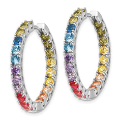 Prizma Sterling Silver Rhodium-plated In and Out Colorful CZ Hinged Hoop Earrings
