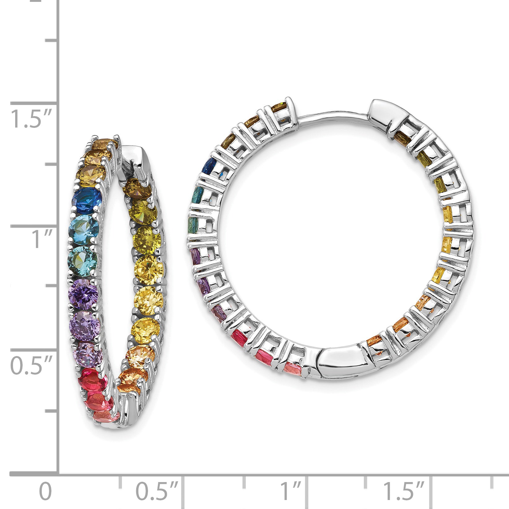 Prizma Sterling Silver Rhodium-plated In and Out Colorful CZ Hinged Hoop Earrings