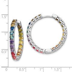 Prizma Sterling Silver Rhodium-plated In and Out Colorful CZ Hinged Hoop Earrings
