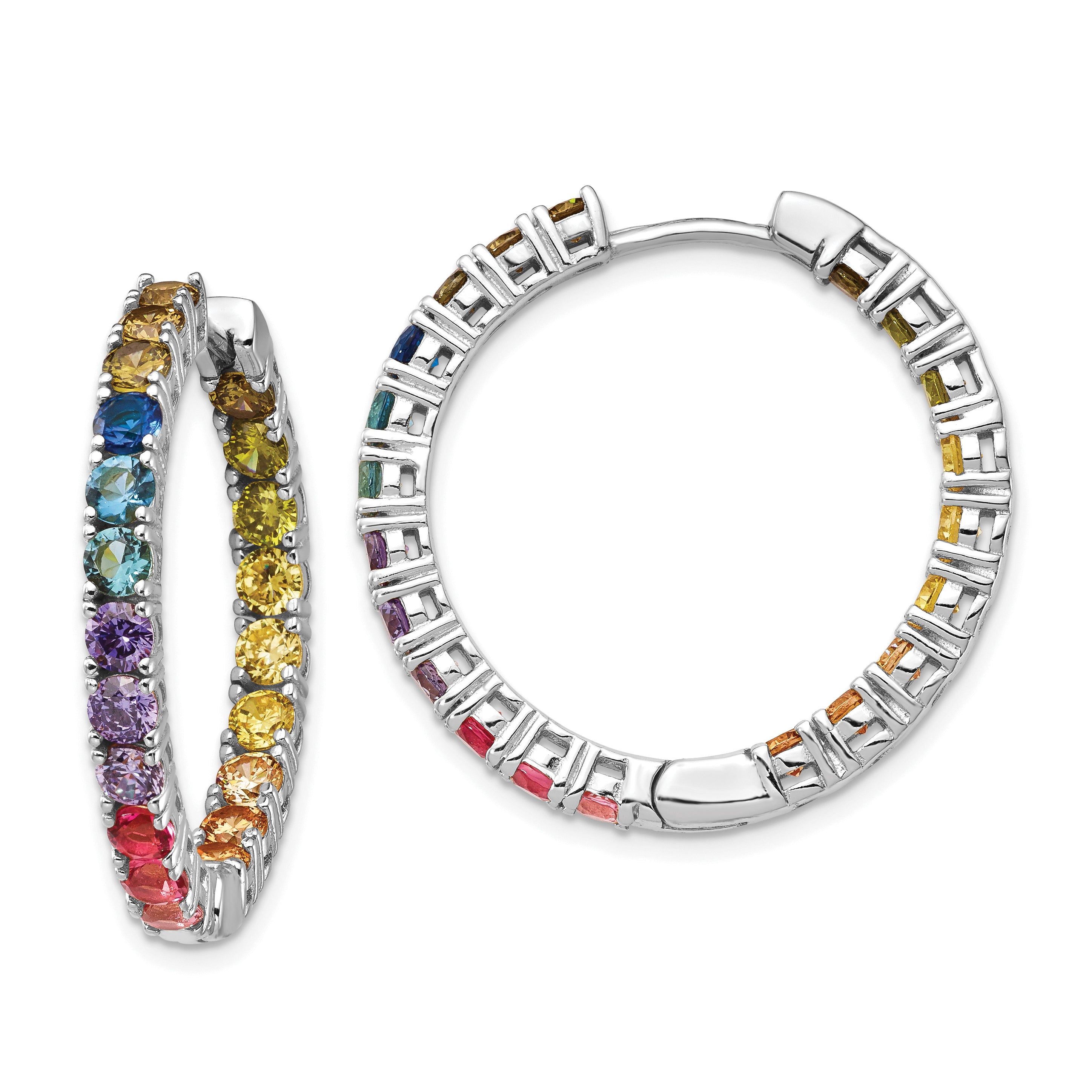 Prizma Sterling Silver Rhodium-plated In and Out Colorful CZ Hinged Hoop Earrings
