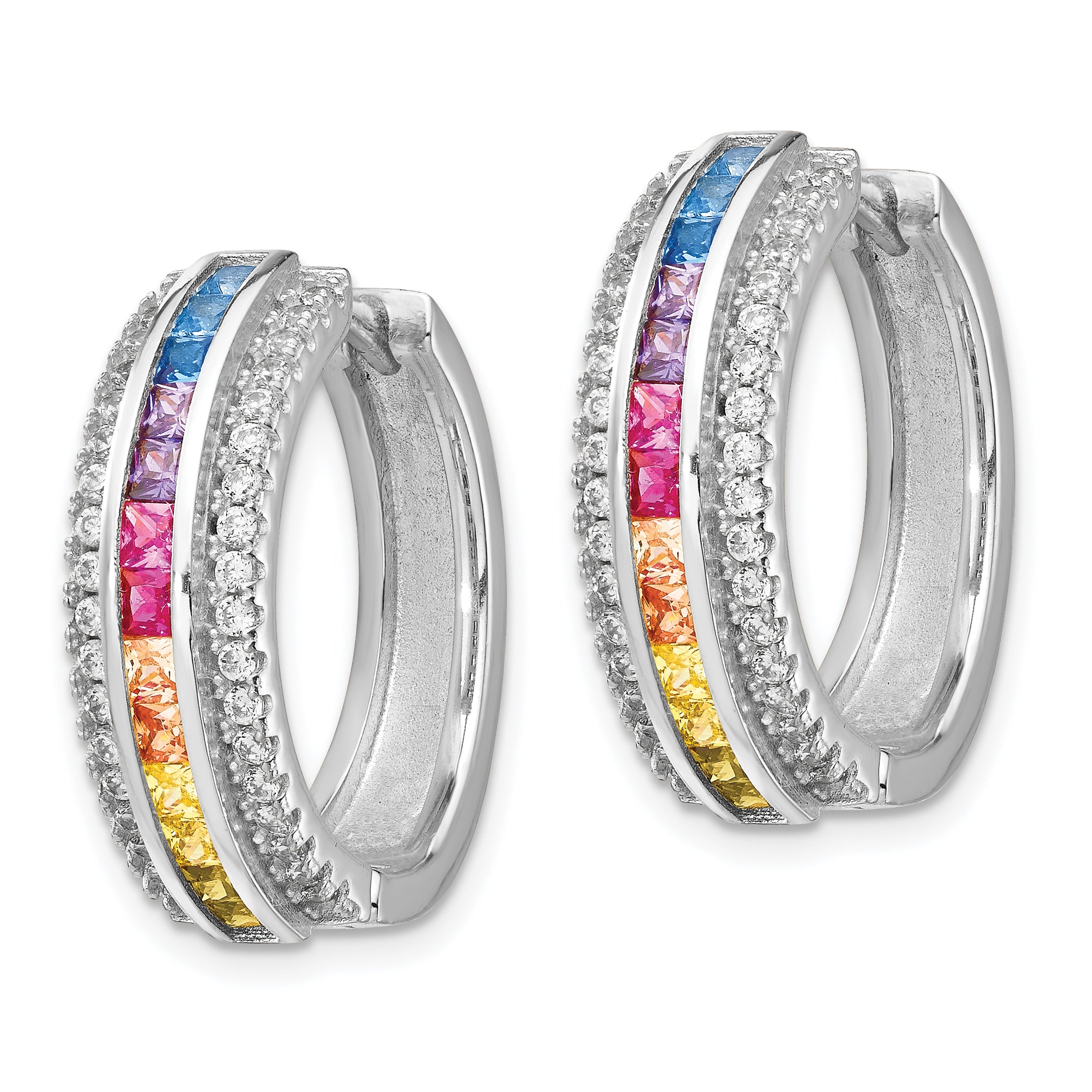 Prizma Sterling Silver Rhodium-plated Channel Set Colorful and White CZ Hinged Hoop Earrings Secondary image