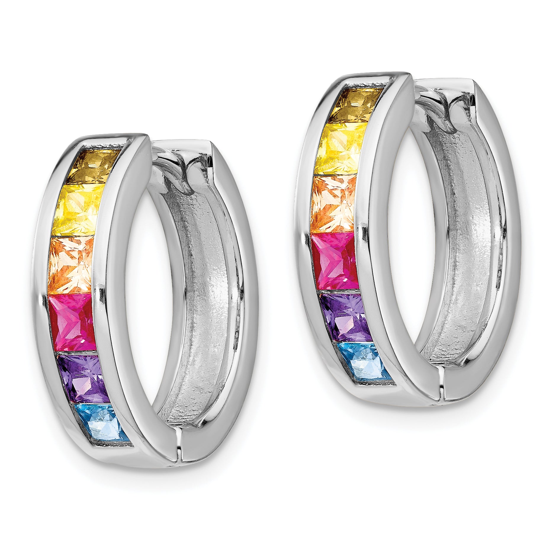 Prizma Sterling Silver Rhodium-plated Channel Set Colorful CZ Small Hinged Hoop Earrings Secondary image