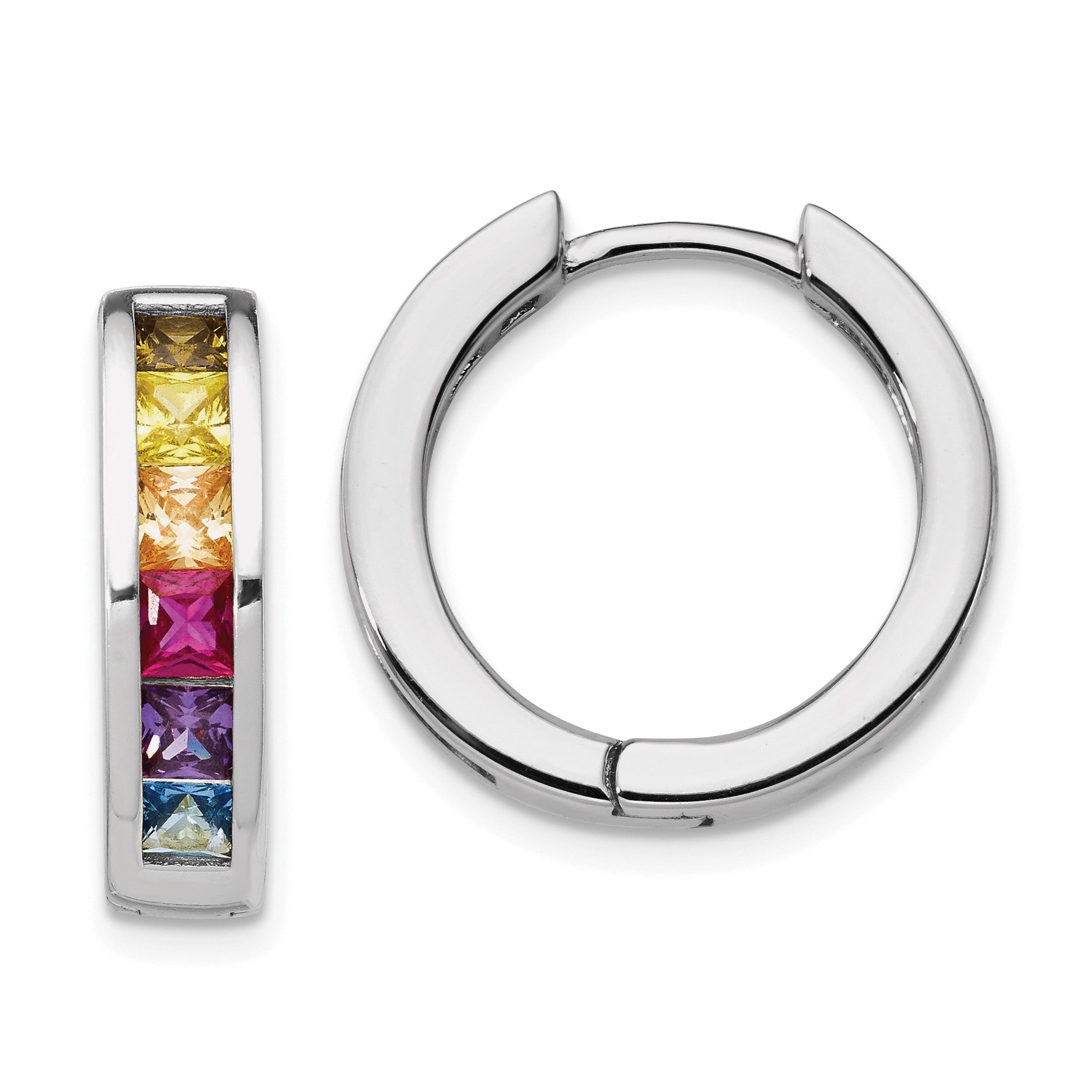 Prizma Sterling Silver Rhodium-plated Channel Set Colorful CZ Small Hinged Hoop Earrings Main image