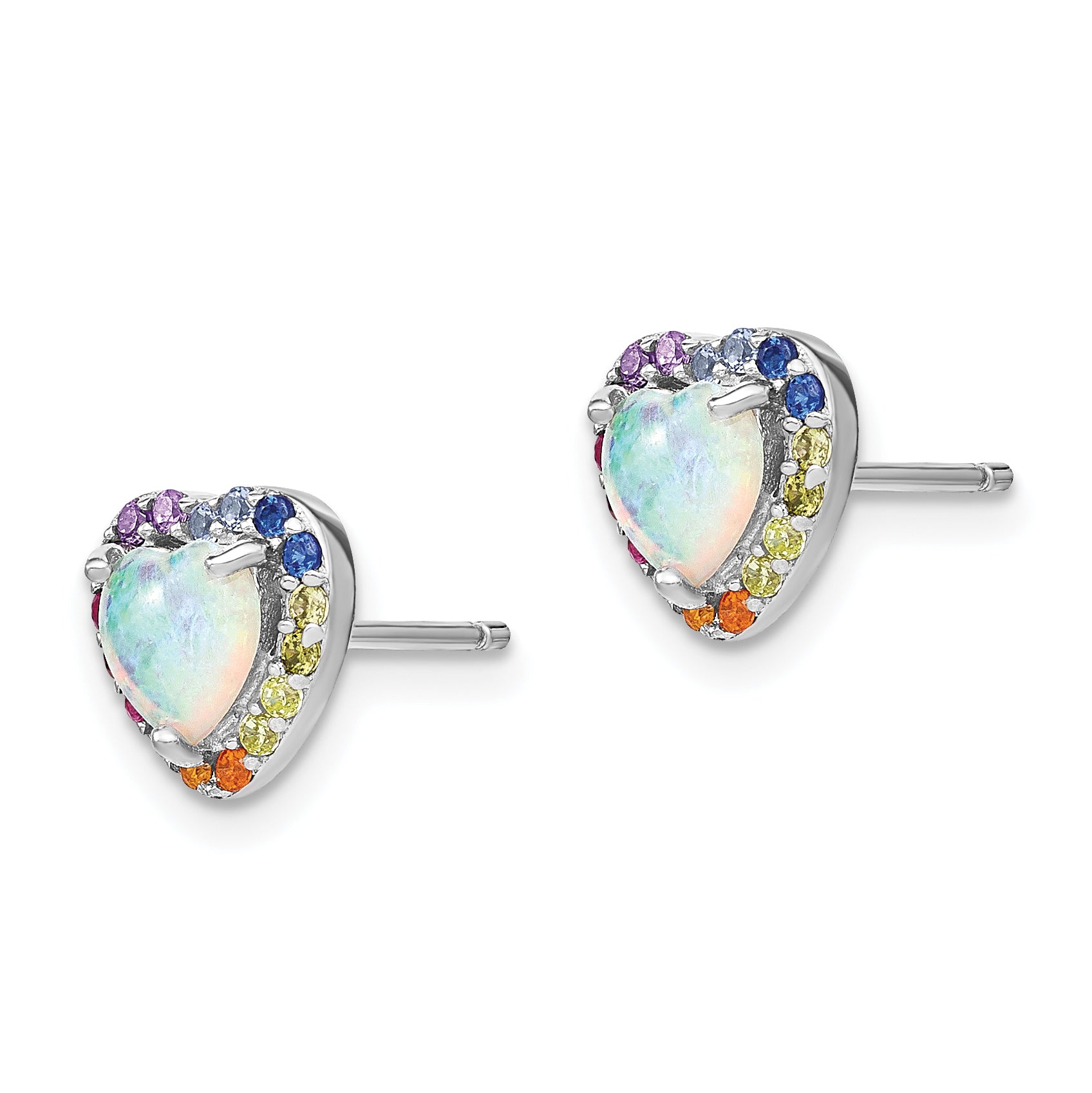 Prizma Sterling Silver Rhodium-plated Lab Created Opal and Colorful CZ Heart Post Earrings Secondary image