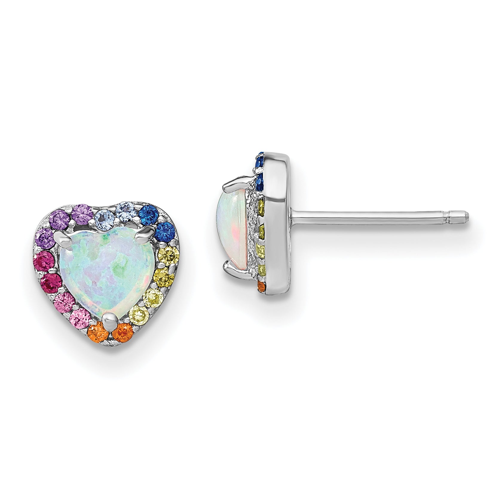 Prizma Sterling Silver Rhodium-plated Lab Created Opal and Colorful CZ Heart Post Earrings Main image
