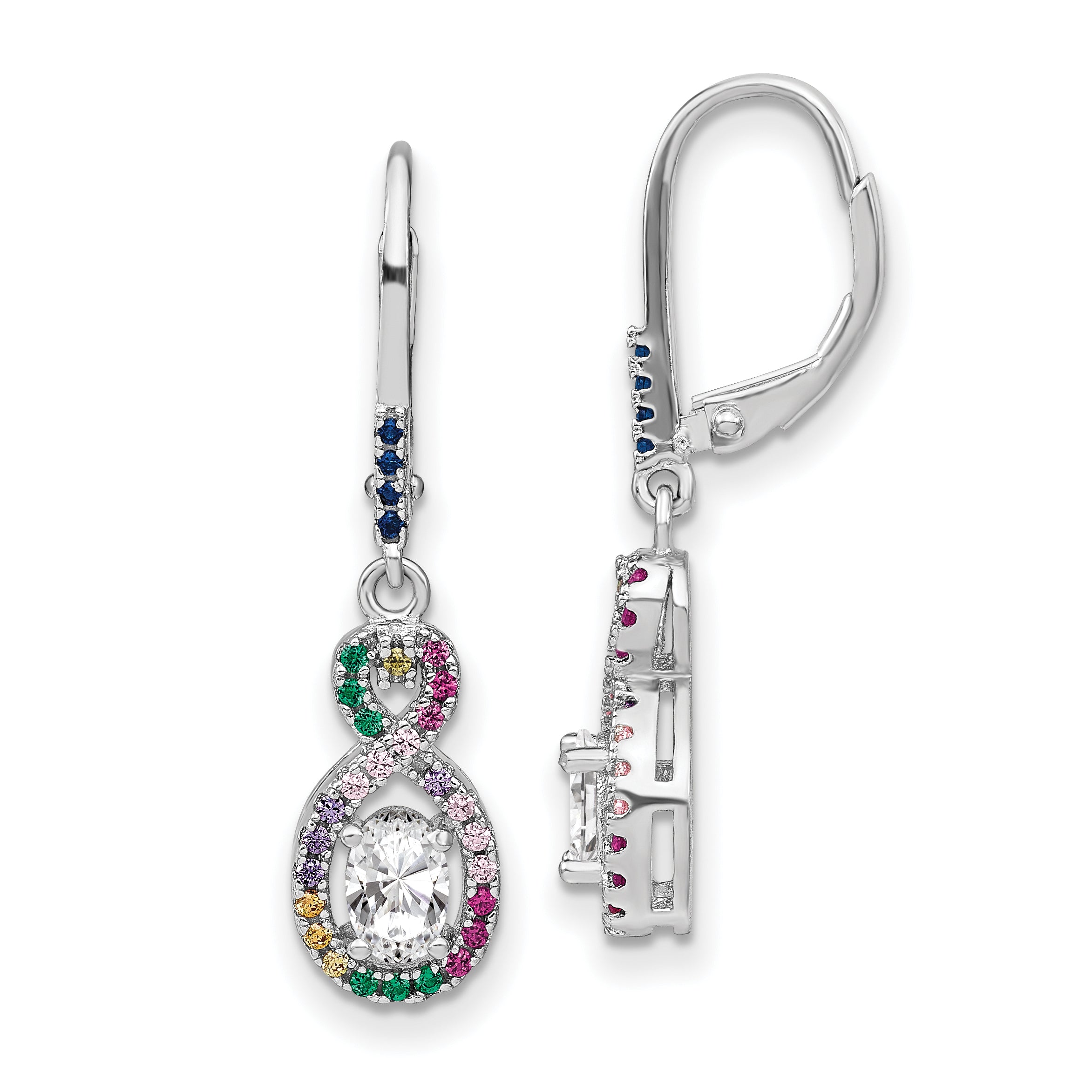 Prizma Sterling Silver Rhodium-plated Colorful and White CZ Infinity Dangle Leverback Earrings Main image