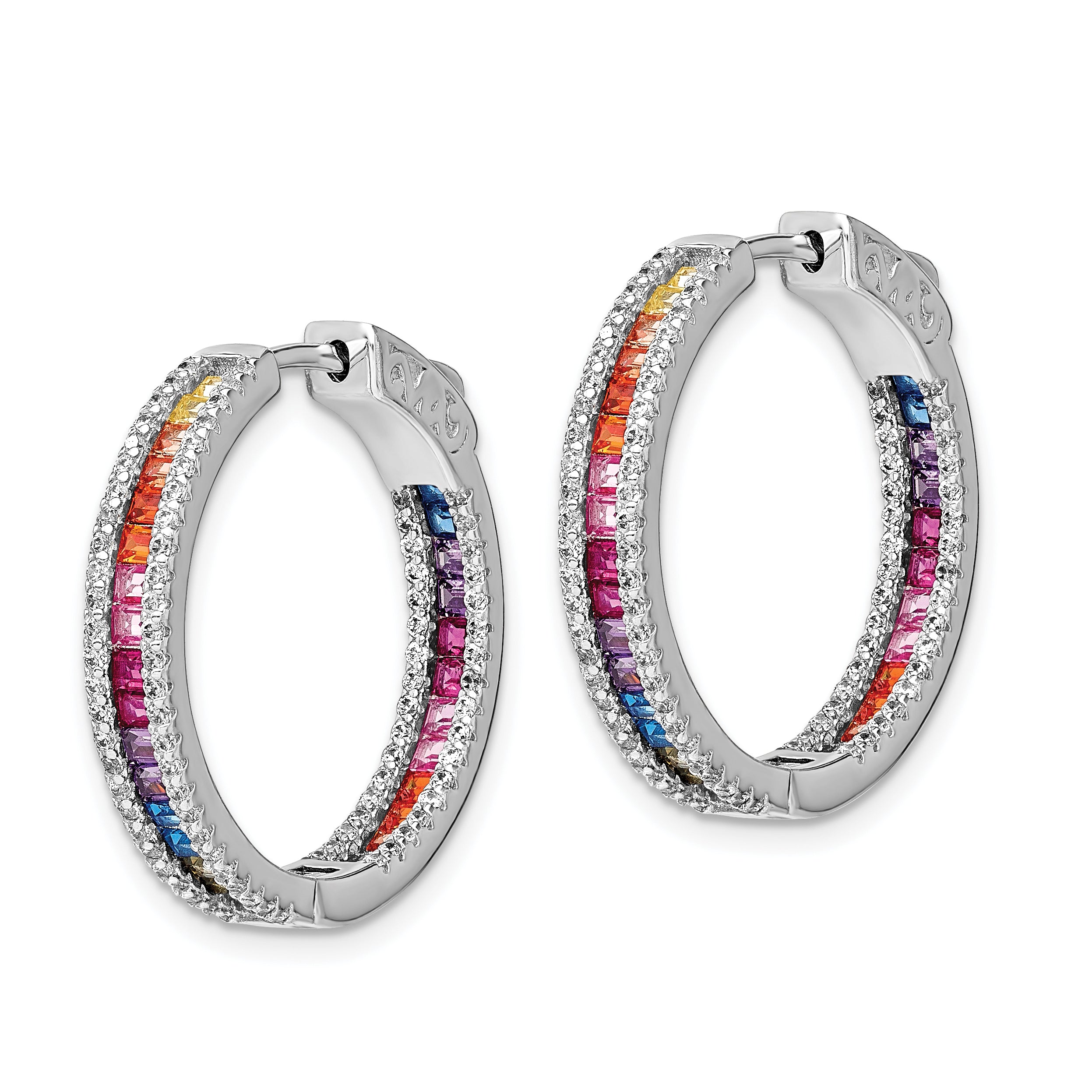 Prizma Sterling Silver Rhodium-plated White and Colorful CZ In and Out Hinged Hoop Earrings Secondary image