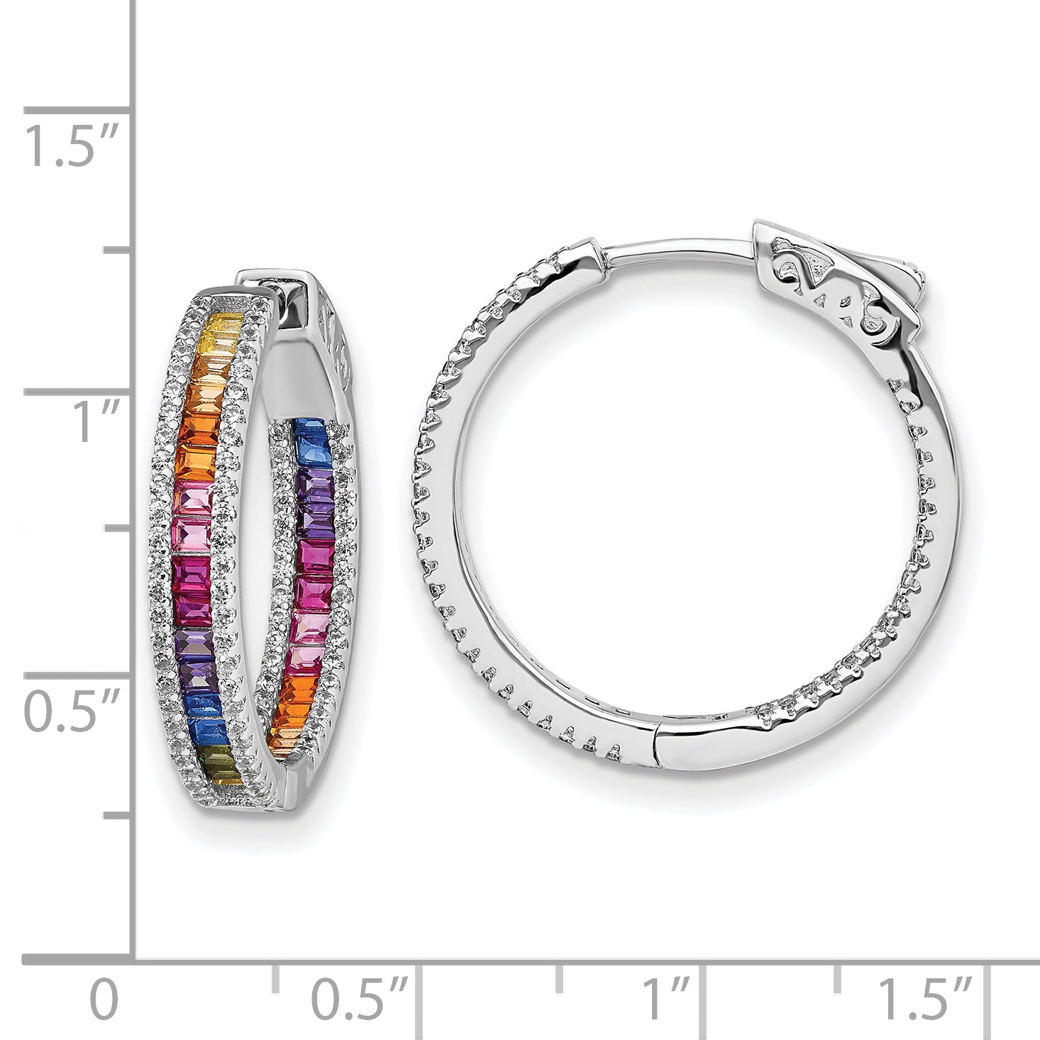 Prizma Sterling Silver Rhodium-plated White and Colorful CZ In and Out Hinged Hoop Earrings