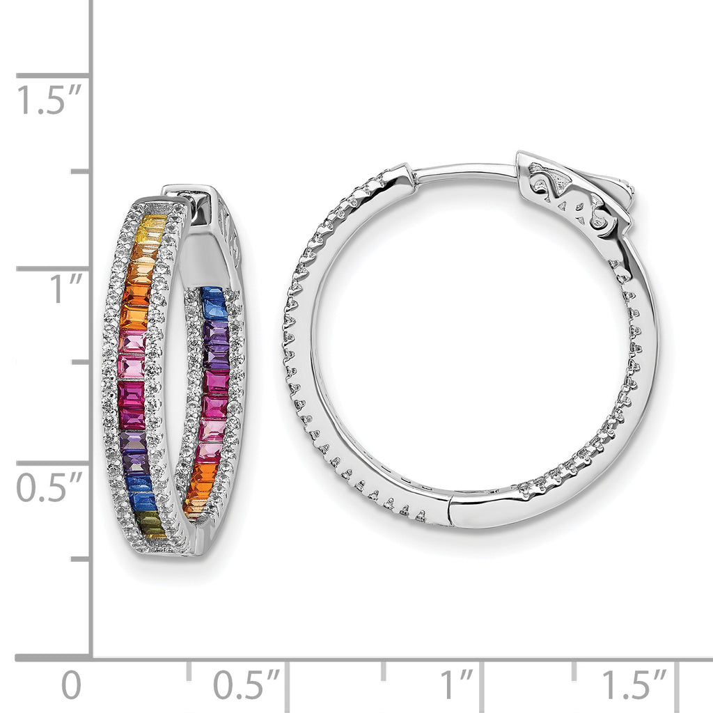 Prizma Sterling Silver Rhodium-plated White and Colorful CZ In and Out Hinged Hoop Earrings