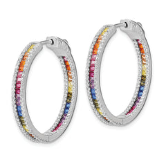 Prizma Sterling Silver Rhodium-plated White and Colorful CZ In and Out Hinged Hoop Earrings