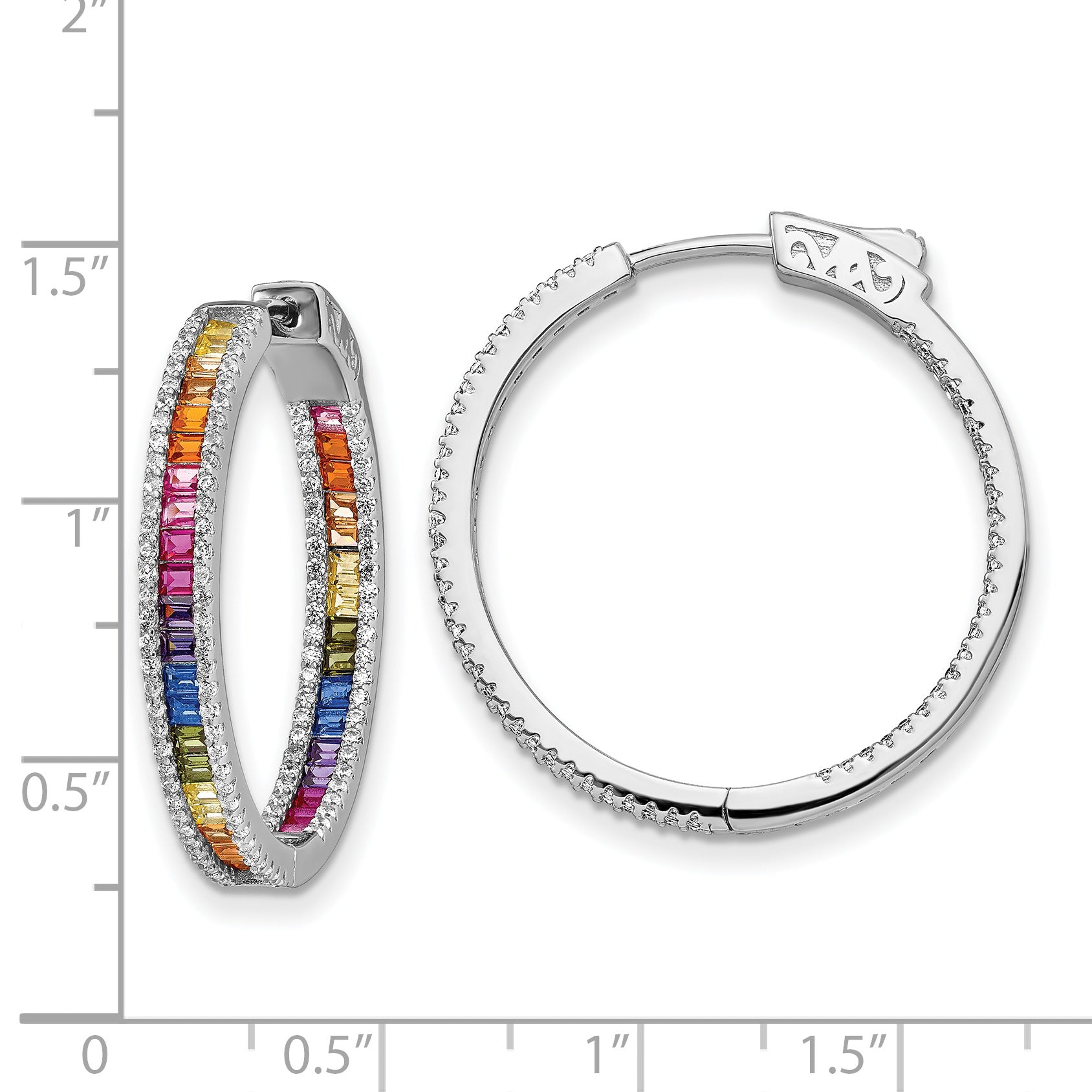 Prizma Sterling Silver Rhodium-plated White and Colorful CZ In and Out Hinged Hoop Earrings