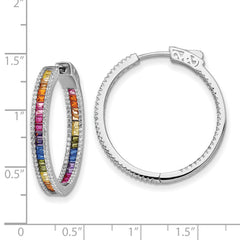 Prizma Sterling Silver Rhodium-plated White and Colorful CZ In and Out Hinged Hoop Earrings